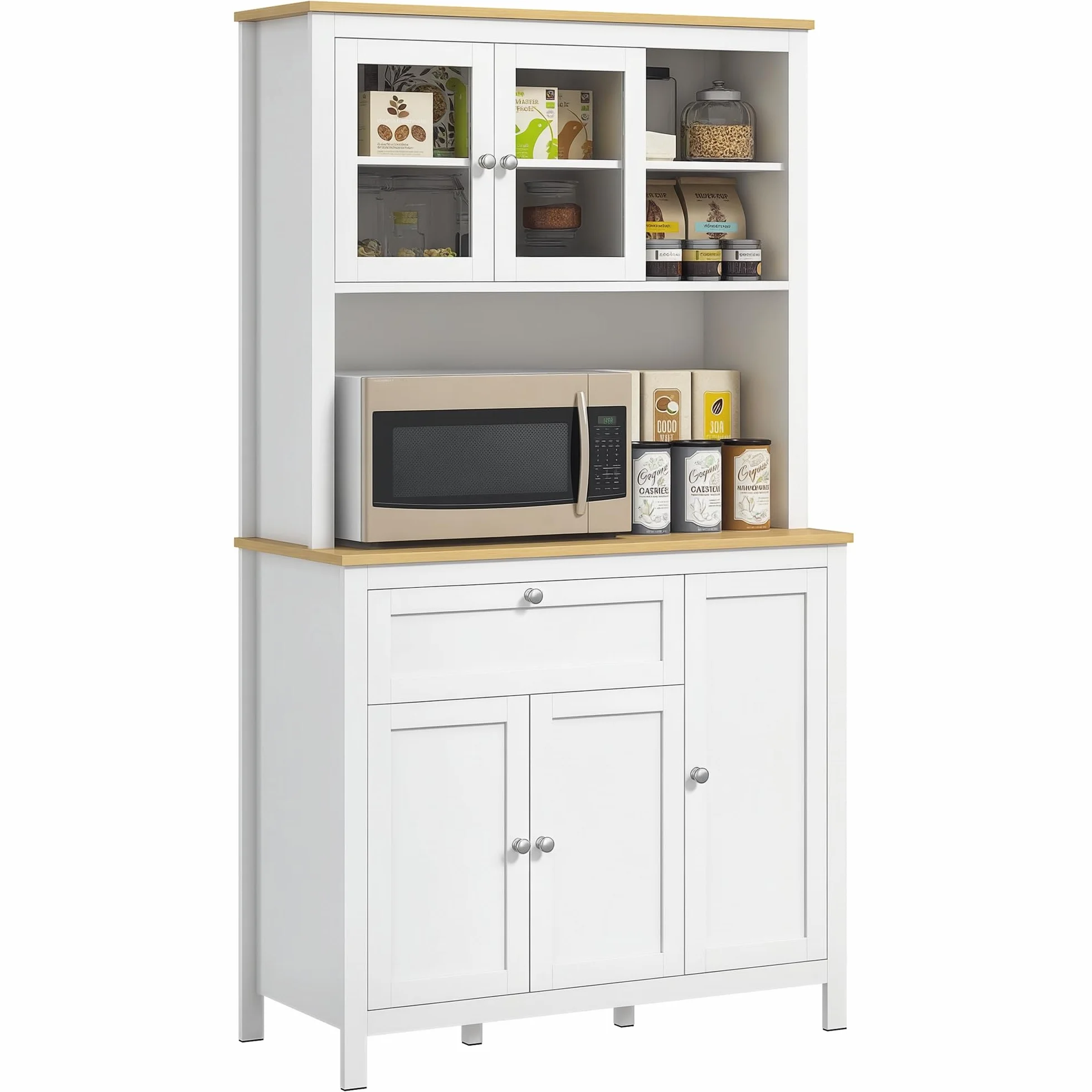 HOMCOM Alacena de Cocina Alta, Mueble Auxiliar de Cocina, con 5 Puertas, Estante Ajustable, Cajón, Encimera Abierta de Microondas, Orificio para Cable, 100x40x180 cm, para Comedor, Salón, Blanco
