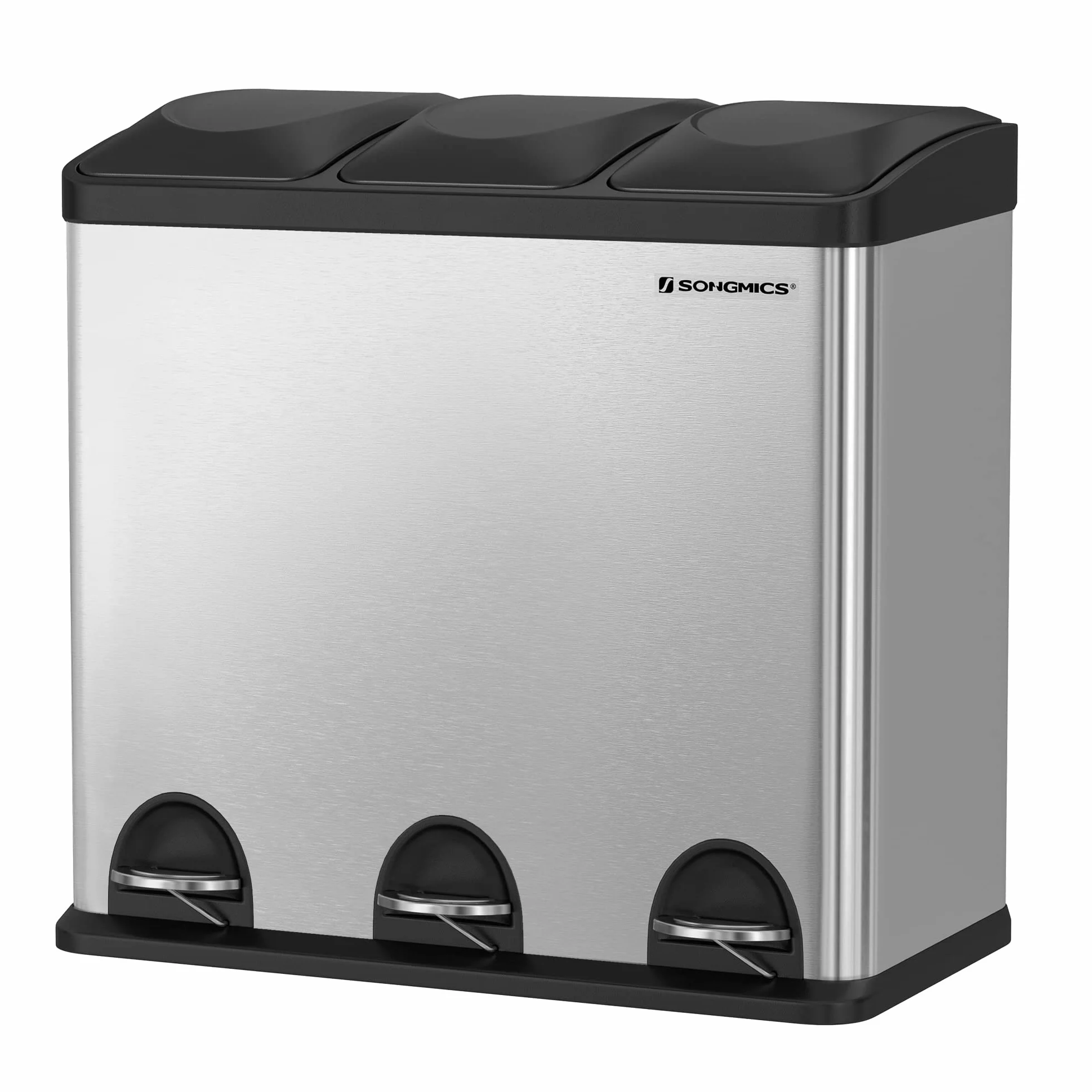 SONGMICS Cubo de Reciclaje 54L, Cubo de Basura, Cubo de Pedal de Acero con 3 Secciones, Cubos Internos, 6 Etiquetas de Clasificación, para una Fácil Separación de los Residuos, Plata y Negro LTB54L