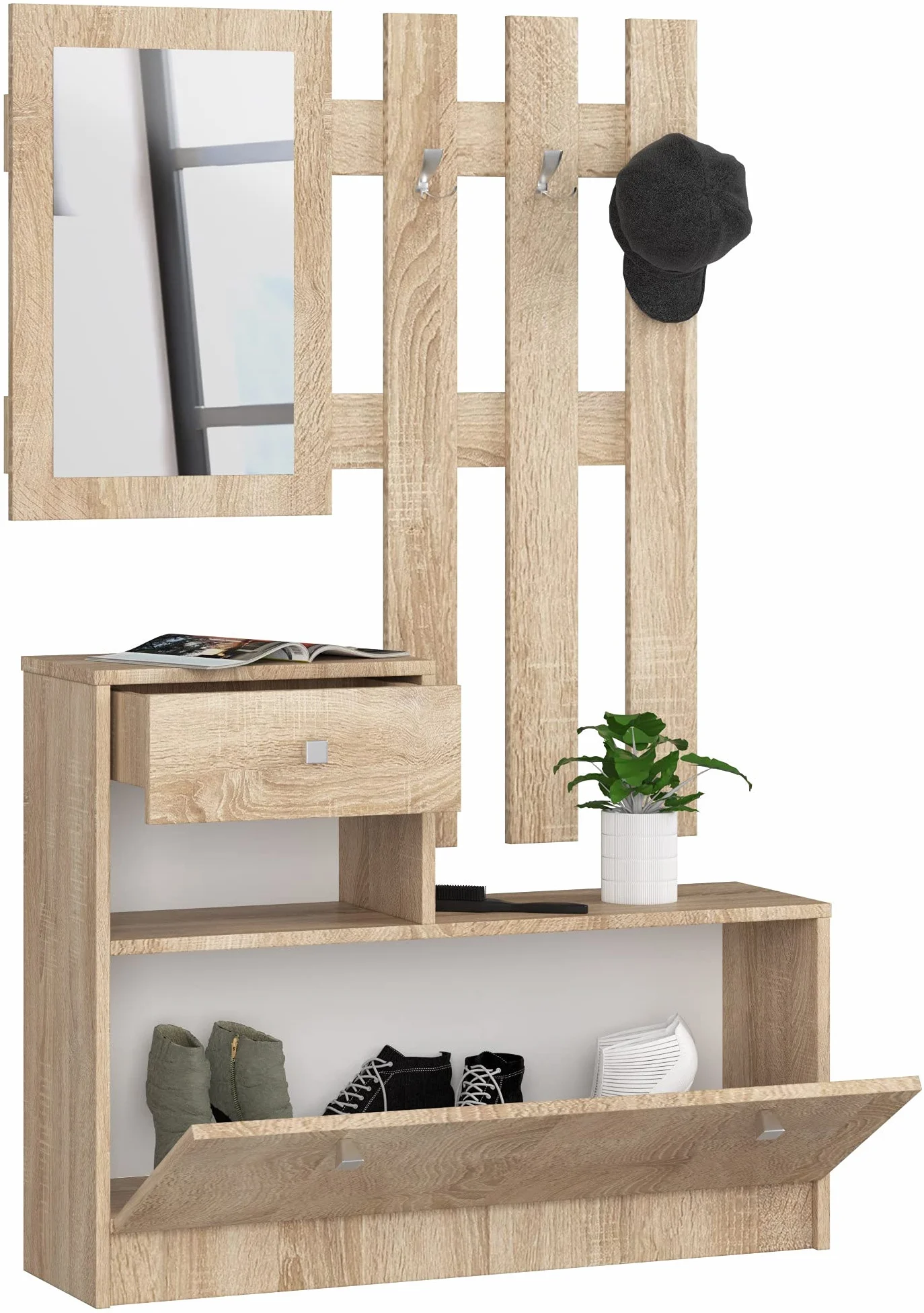 AKORD | Conjunto de Zapatero y Perchero | Zapatero con 1 Compartimento y 1 nicho con 1 cajón 90 x 70 x 25 cm | Pared con Espejo 90 x 100 cm | Set Completo de Entrada | Peso 39 kg | Roble Sonoma