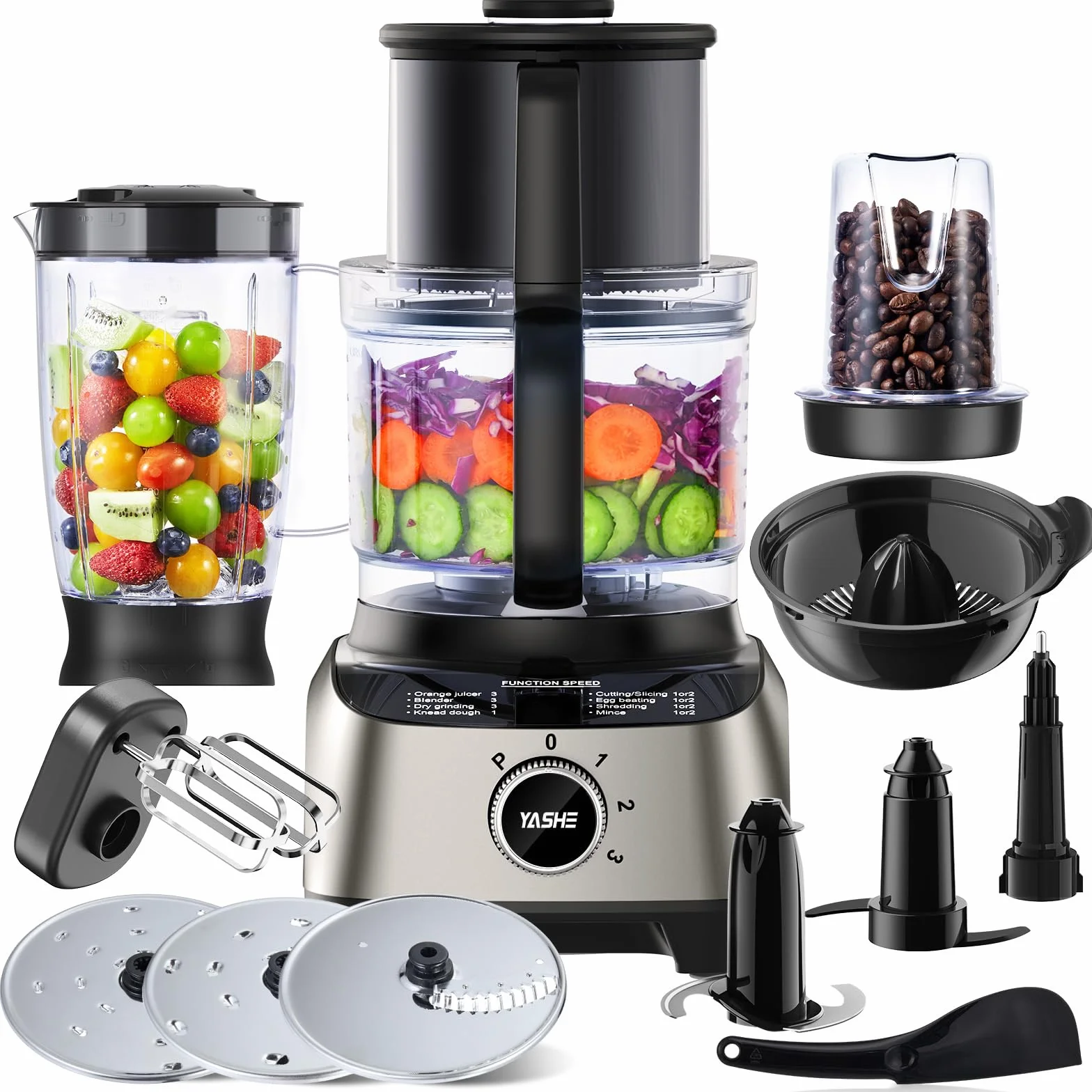YASHE Procesador de Alimentos Multifuncional – Mezclador, Picadora, Exprimidor, Amasadora, Cortadora, Rebanadora y Ralladora, con Bol de 2,5L y Vaso Batidor de 1,5L, 3 Velocidades con Función Pulse