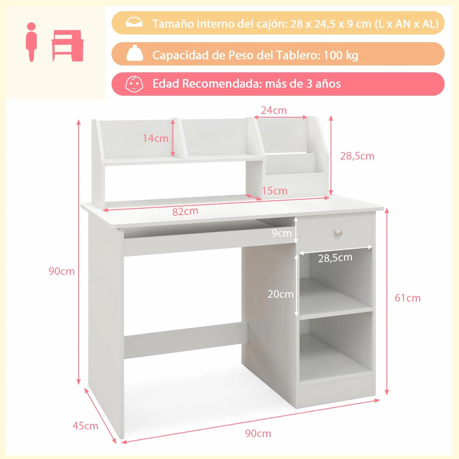 GOPLUS Escritorio Infantil de Madera con Cajón, Mesa Juvenil 3 en 1, 90 x 45 x 90 cm Blanco