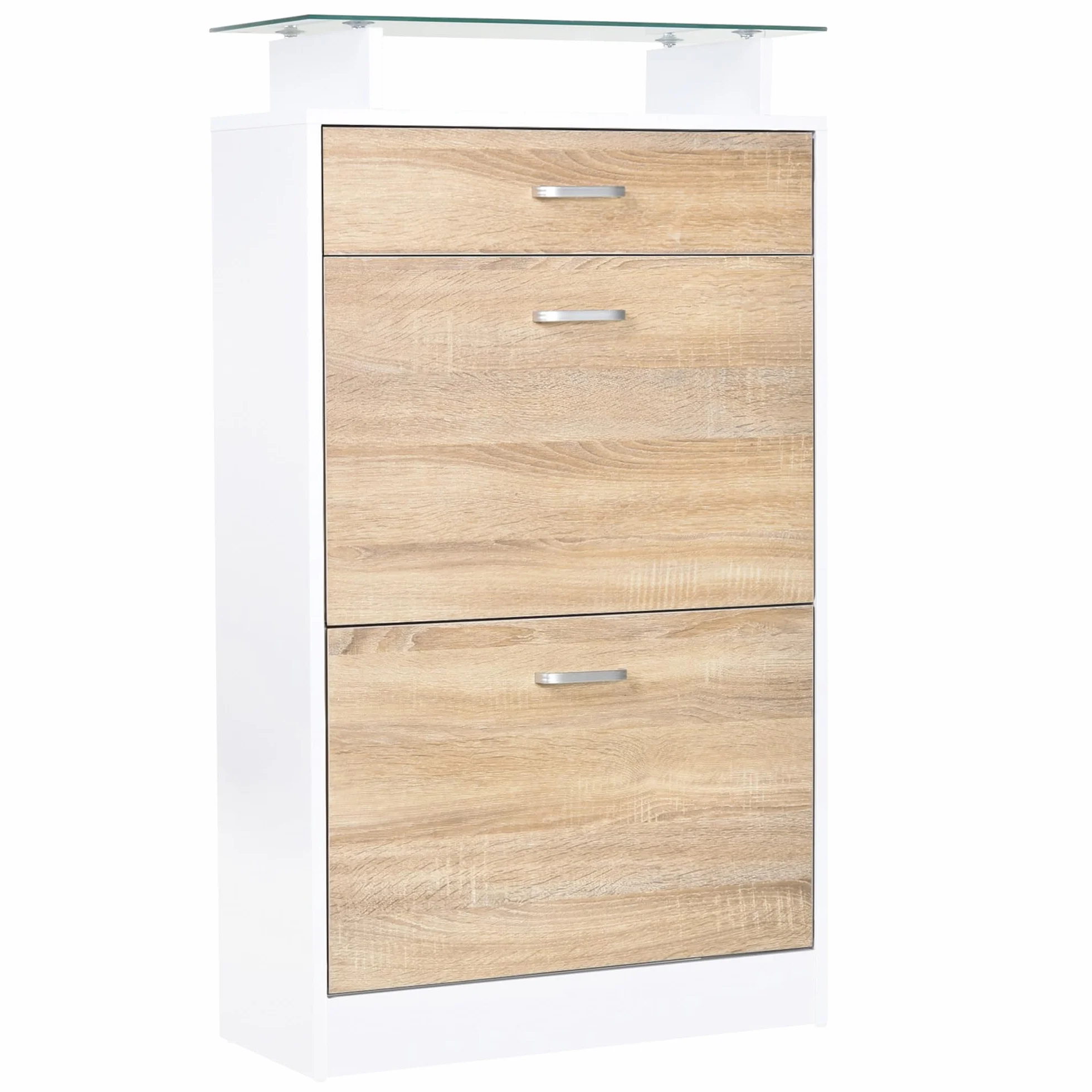 HOMCOM Mueble Zapatero Armario Zapatero con 3 Cajones Estante de Vidrio y Asa de Aluminio para Pasillo Entrada Carga 50 kg 60x24x105,5 cm Natural