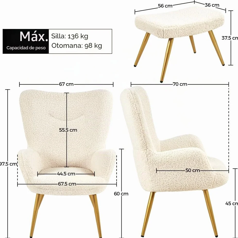Yaheetech Sillón Orejero con Reposapiés Butaca de Salón Tapizada en Bouclé Sillón Lectura con Otomana de Respaldo Alto Ergonómico Soporte 136kg Ideal para Salón Dormitorio Oficina Marfil