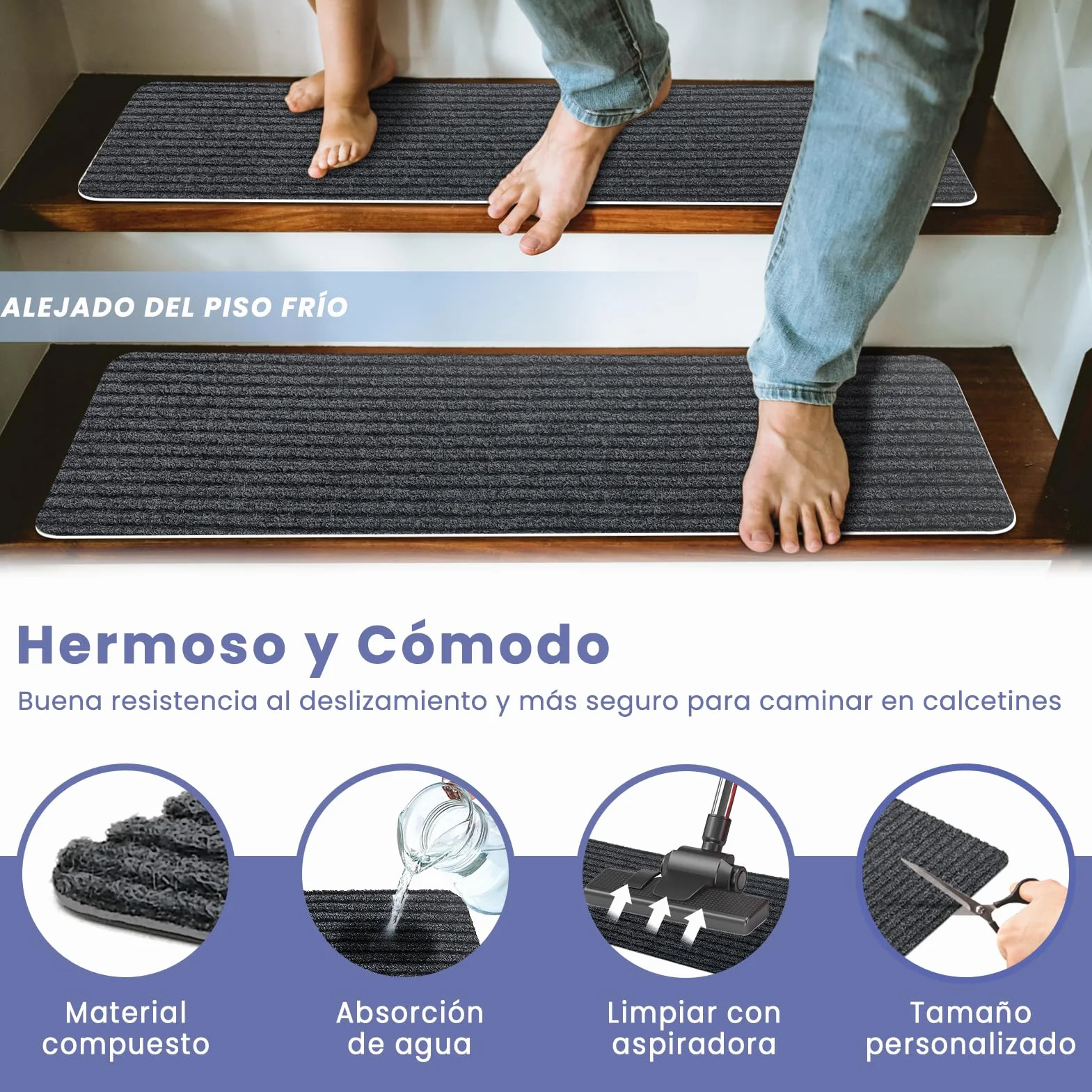 Alfombrillas para Escaleras Antideslizantes, 15 Alfombrillas Autoadhesivas Escalones Interiores, Recortables y Reutilizables - Protección para Mascotas, Mayores, Niños (Gris Oscuro, 76x20 cm)