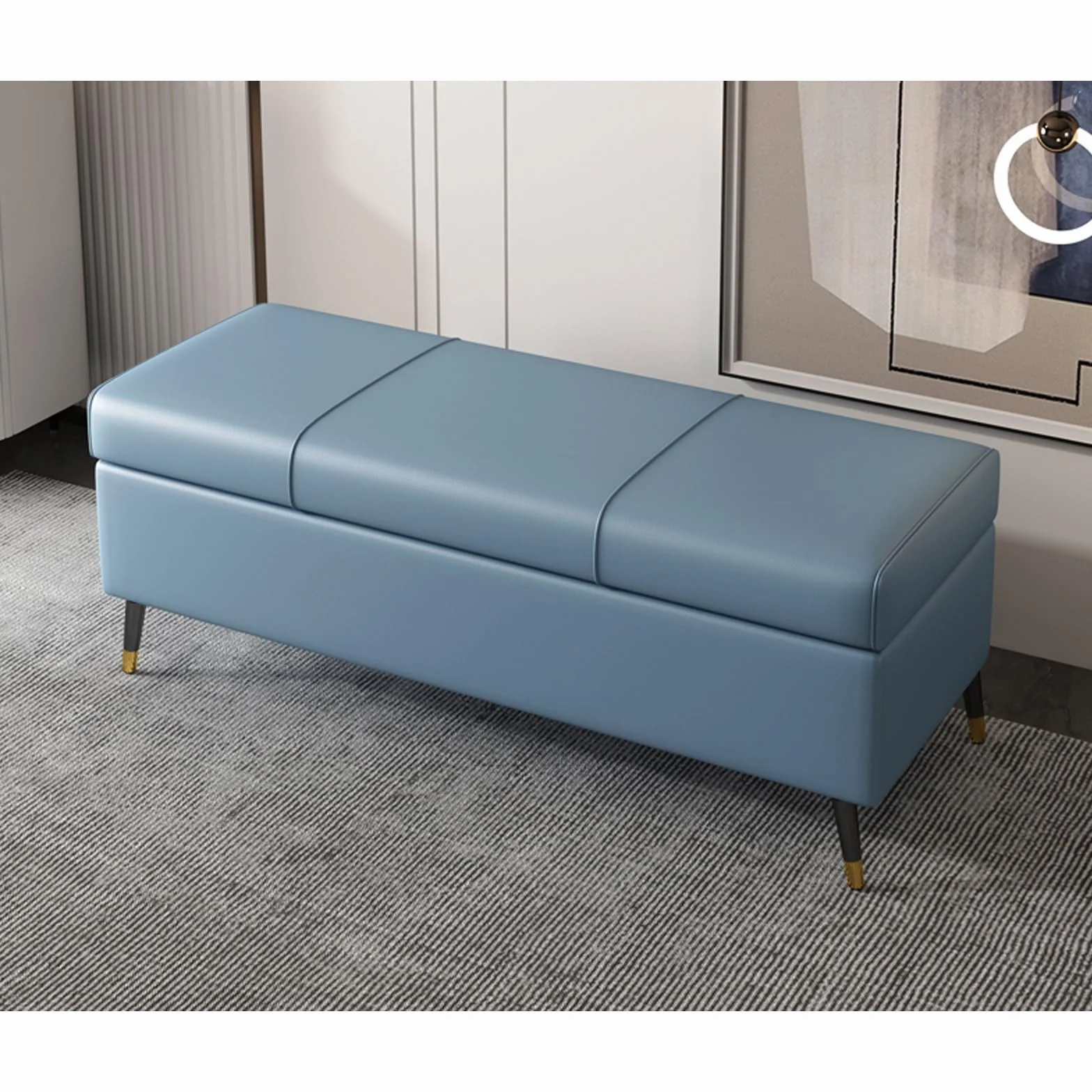 LUUYYI Otomana extra larga de piel sintética blanca con almacenamiento, elegante mueble rectangular de piel sintética para sala de estar y dormitorio, ideal para pies de cama S (azul-140 cm)