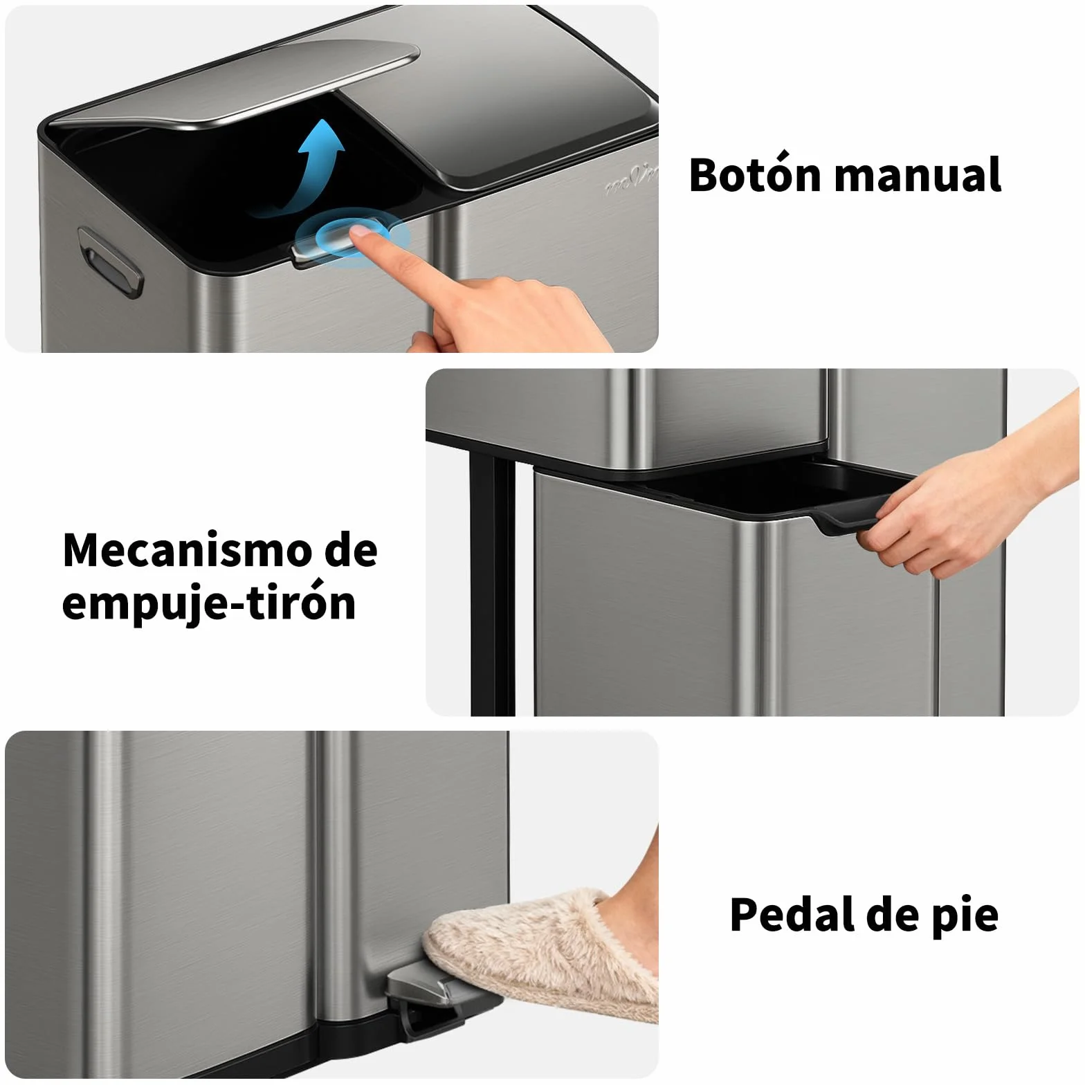 mVm Cubo de Basura Cocina de Acero Inoxidable, 3 Compartimentos 60L con Tapa de Cierre Suave, Contenedor Multifuncional para Separación de Residuos en Casa u Oficina, Gris