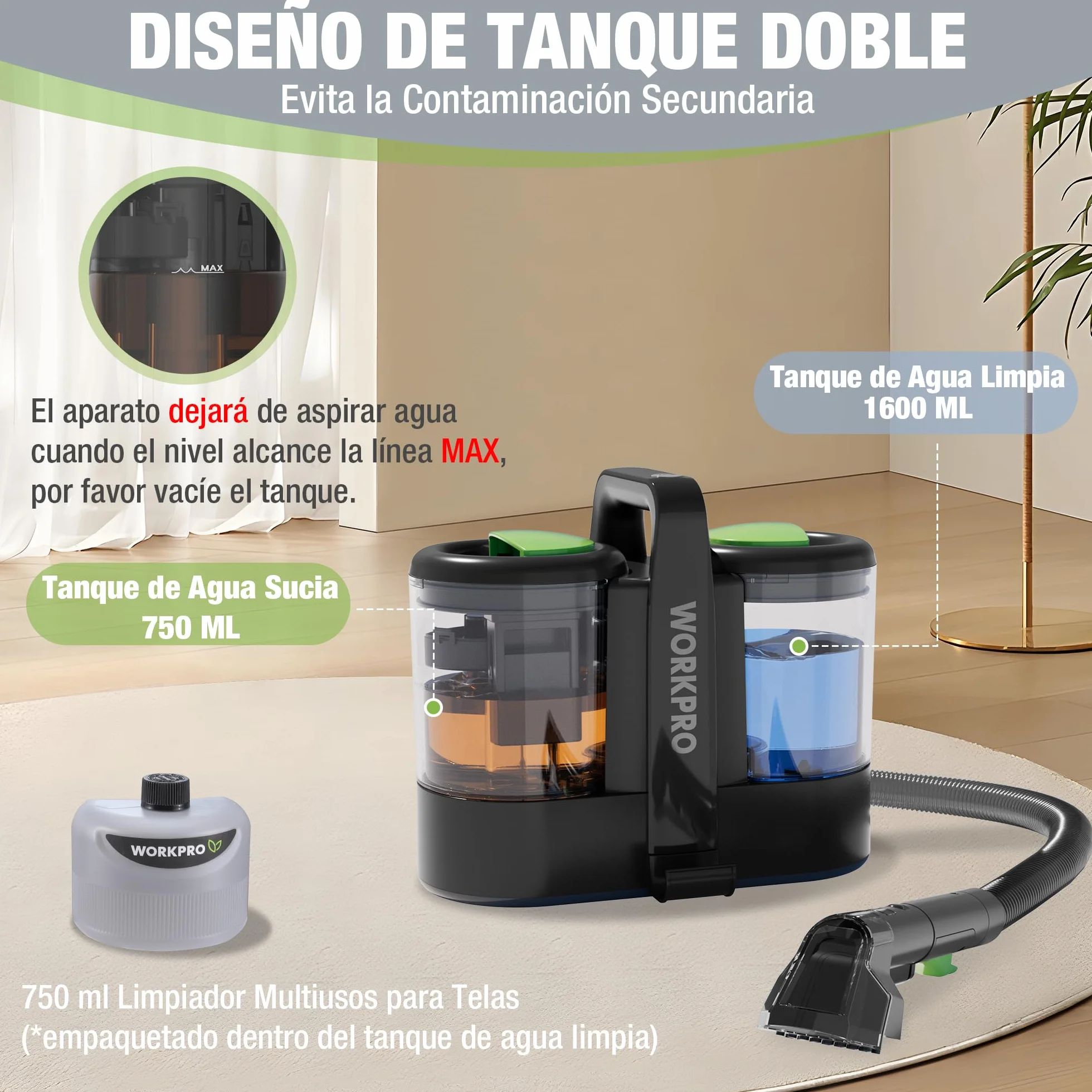WORKPRO Aspiradora de Agua Tapiceria, Limpiador de Tapicerias de 450W, Aspiradora para Alfombras con Detergente, Limpia Moquetas, Maquina Aspirador para Tapicerias, Sofá, 75 dB
