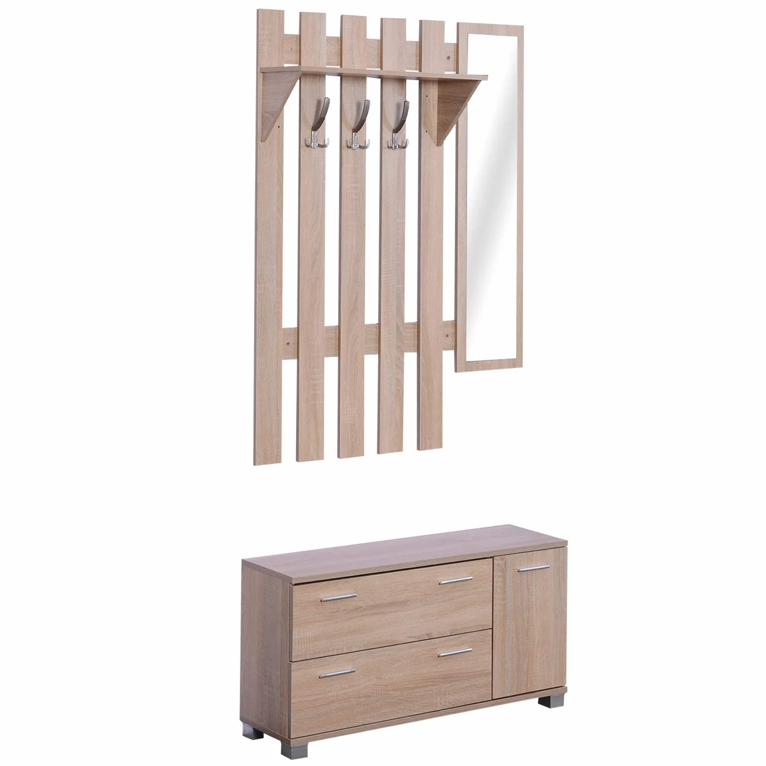 HOMCOM Conjunto de Recibidor de Entrada con Espejo Perchero y Zapatero Muebles de Entrada con 3 Ganchos Estante y 2 Cajones para Pasillo Roble