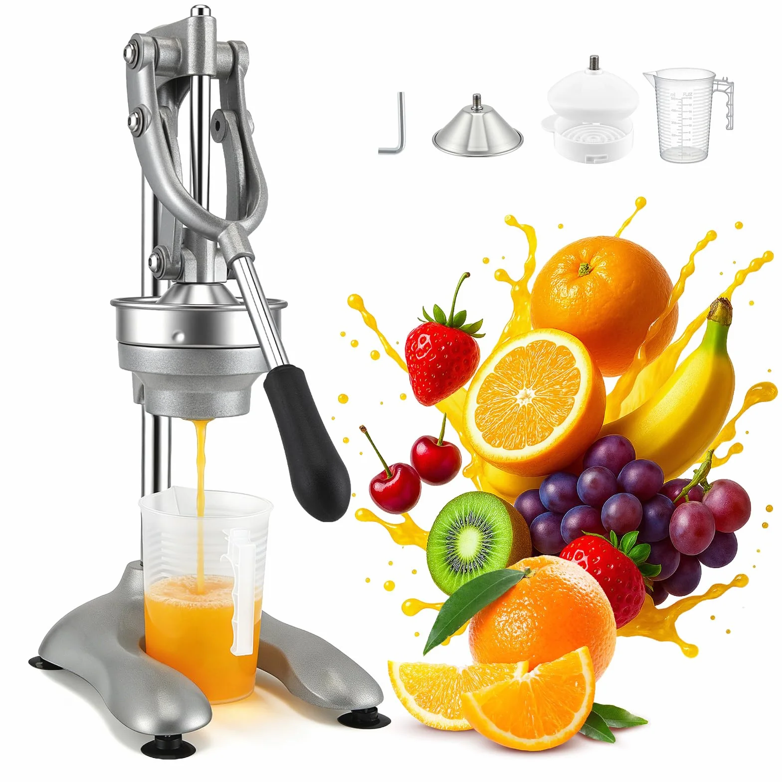 Exprimidor manual XL, prensa profesional para naranjas y cítricos, exprimidor de grado comercial premium, color plata, 25 x 19 x 45 cm con vaso medidor de 500 ml