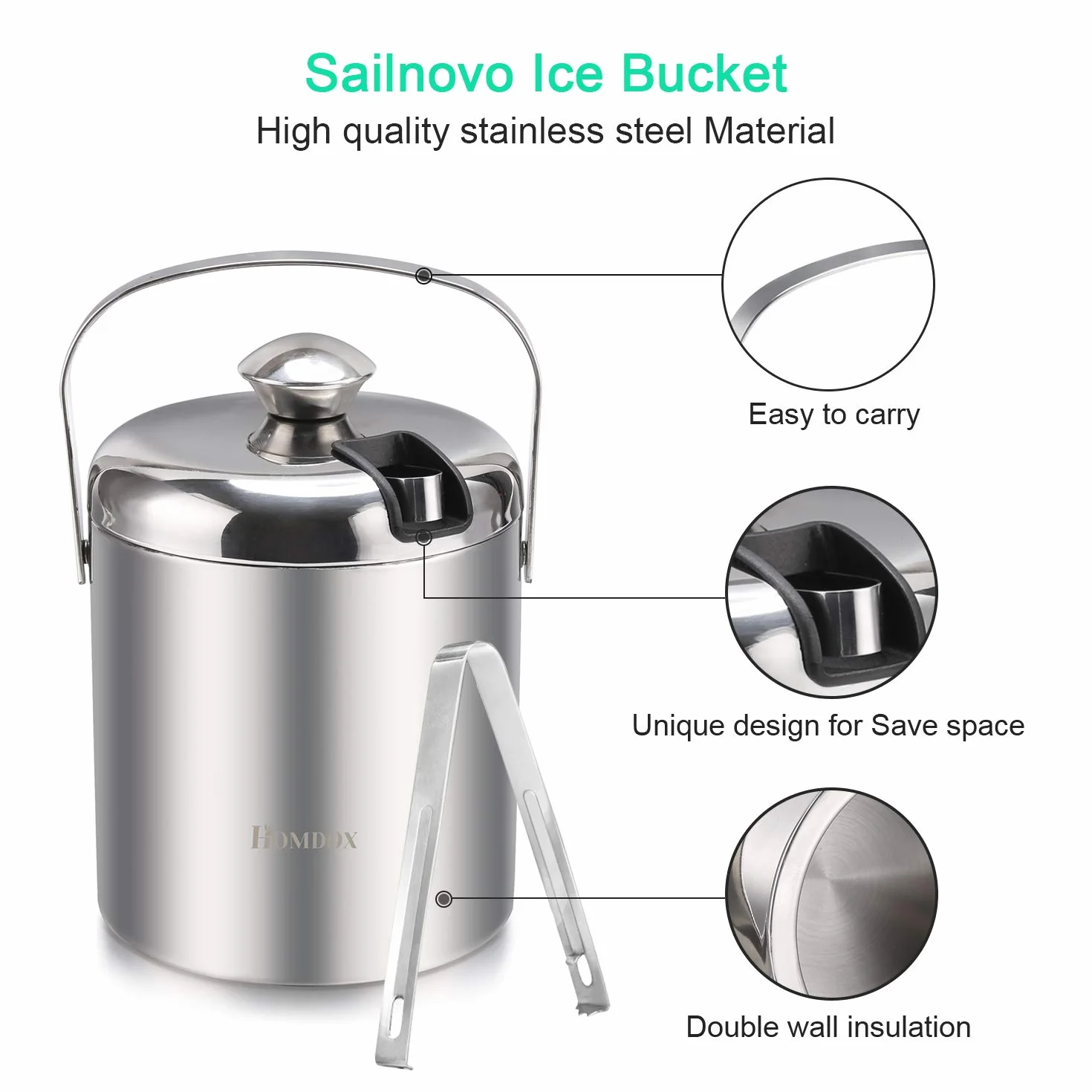 Ice Buckets with Lid and Tongs Stainless Steel Double Walled Bar Ice Bucket Container, Large Insulated Ice Cube Bucket Thick Ice Pail with Carry Handle for Parties, Cocktail, Bottle