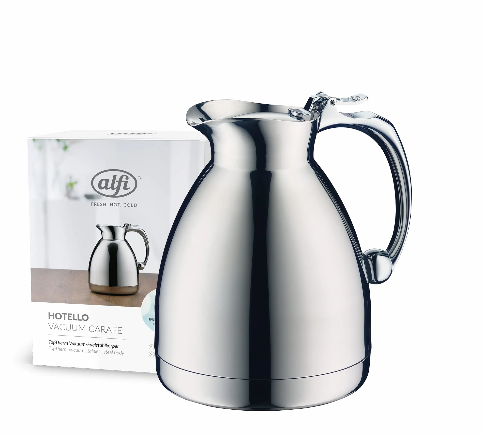 alfi HOTELLO 0,6 l, Jarra isotérmica de Doble Pared de Acero Inoxidable, Mantiene el Calor 4 Horas, Mantiene el frío 6 Horas, Tapa Suelta, vertido con una Mano, sin plástico, lavavajillas, hostelería