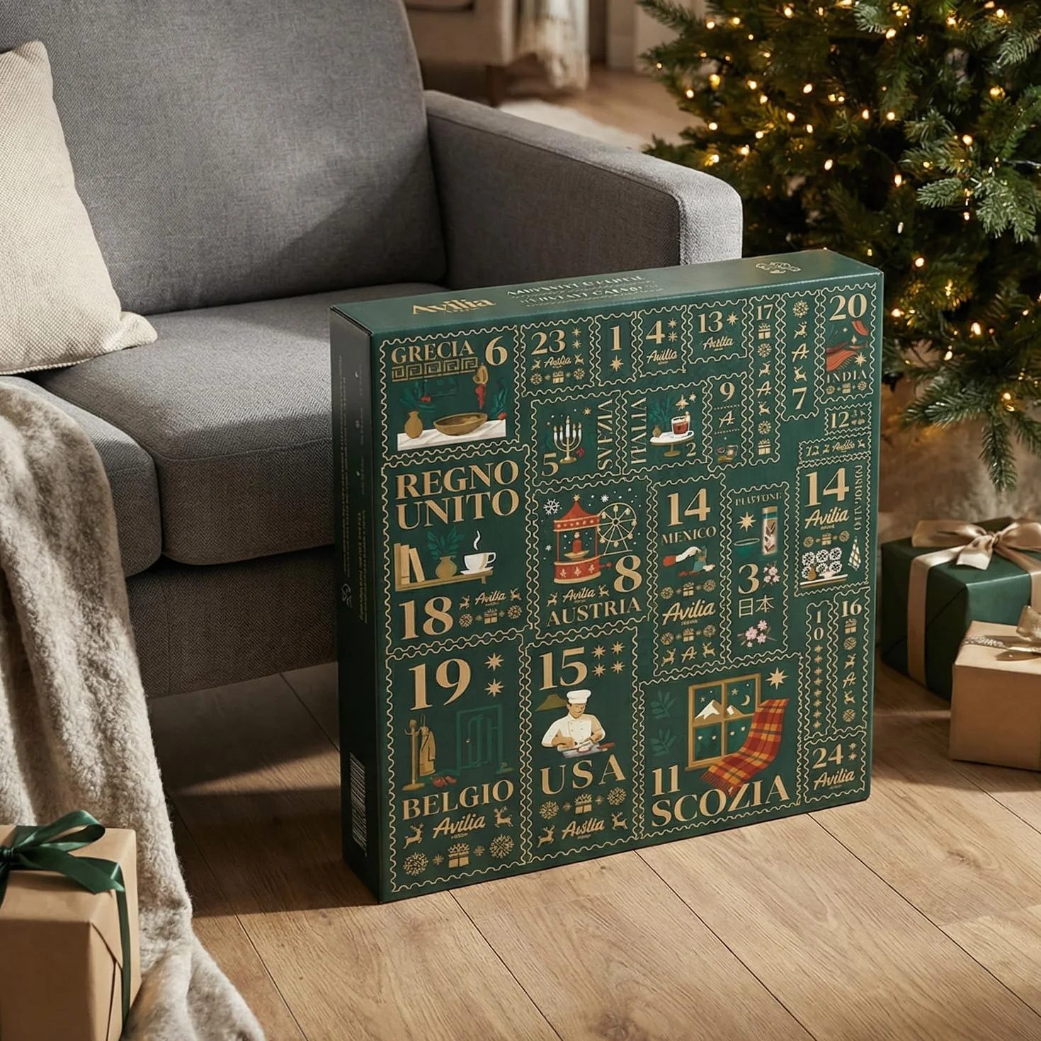 Wintem Calendario de Adviento con 24 regalos temáticos de países del mundo para el hogar, la cocina y el bienestar, idea de regalo original de Navidad con juego de ganso integrado y paquete de lujo