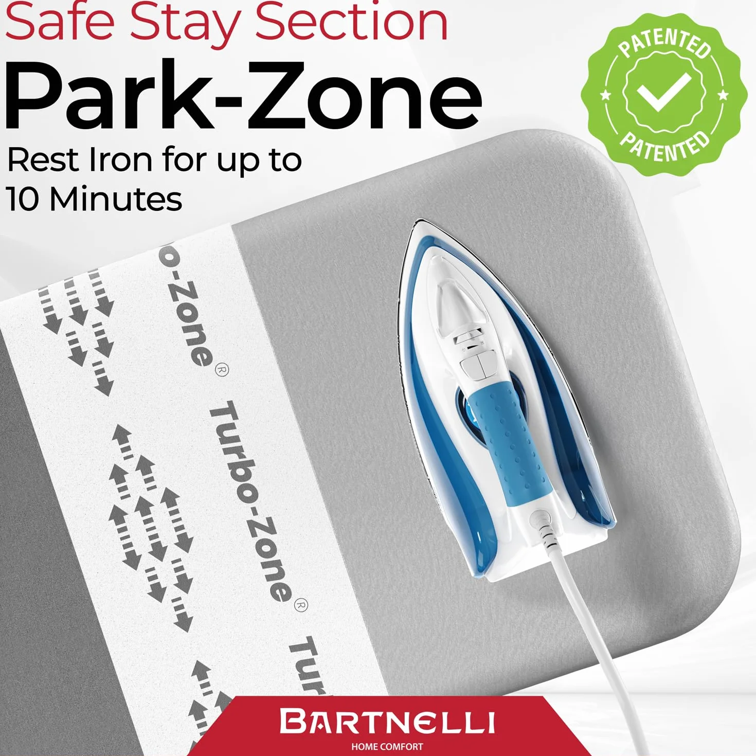 Bartnelli Funda y almohadilla para tabla de planchar, fabricada en Europa con nueva tecnología patentada, funda de repuesto para tabla de hierro de 54 x 15 pulgadas con zona Park & Turbo, resistente a