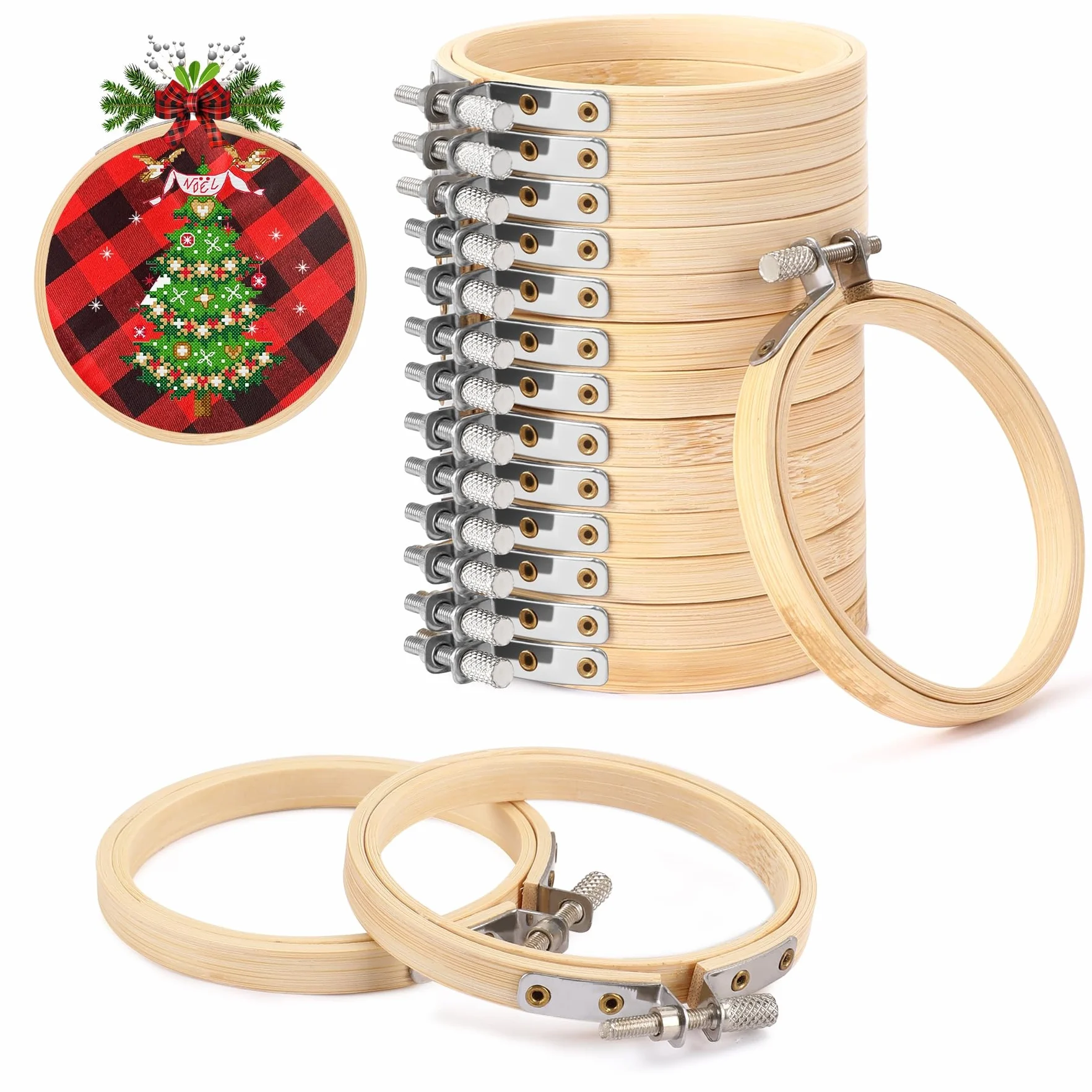 FEBSNOW 12 aros de bordado de 3 pulgadas ajustables, material natural, círculo de punto de cruz, aro redondo de madera a granel para manualidades, costura práctica y decoración de Navidad