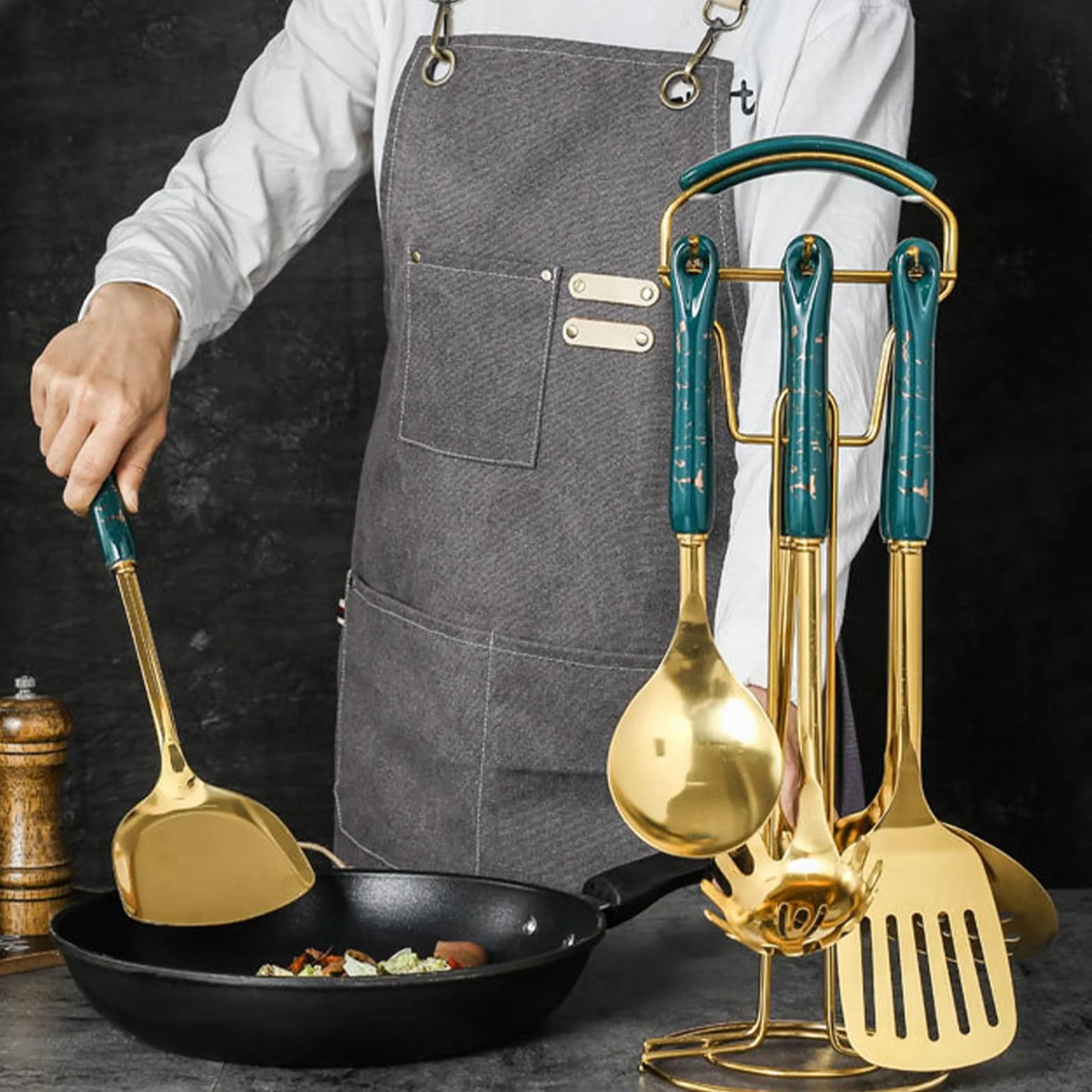 Juego de utensilios de cocina de acero inoxidable de 7 piezas con asas antideslizantes y apto para lavavajillas para chefs modernos, juego de utensilios de cocina de acero inoxidable