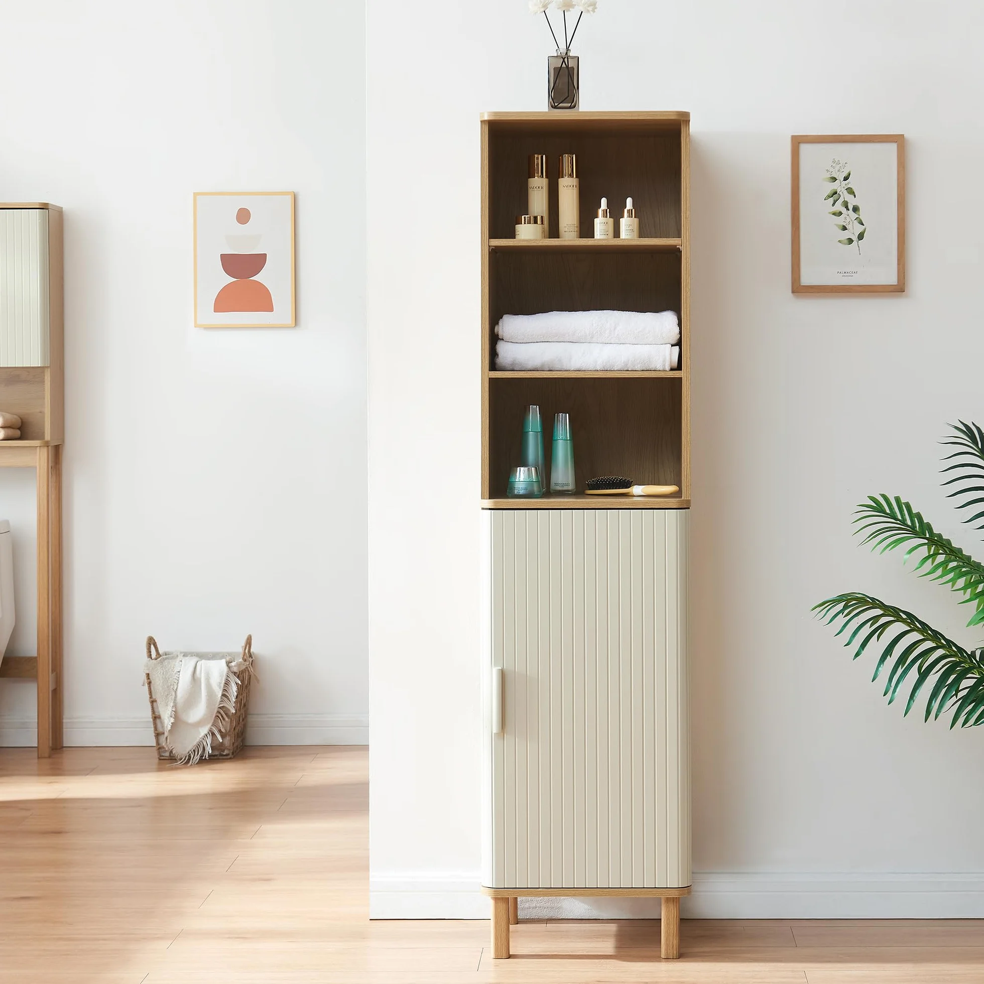 [en.casa] Armario Alto de Baño Ferrersp con 1 Puerta y 6 Compartimentos Mueble Alto de Baño Mueble Auxiliar para Cocina Dormitorio 160 x 42 x 35 cm MDF Pino - Roble/Arena