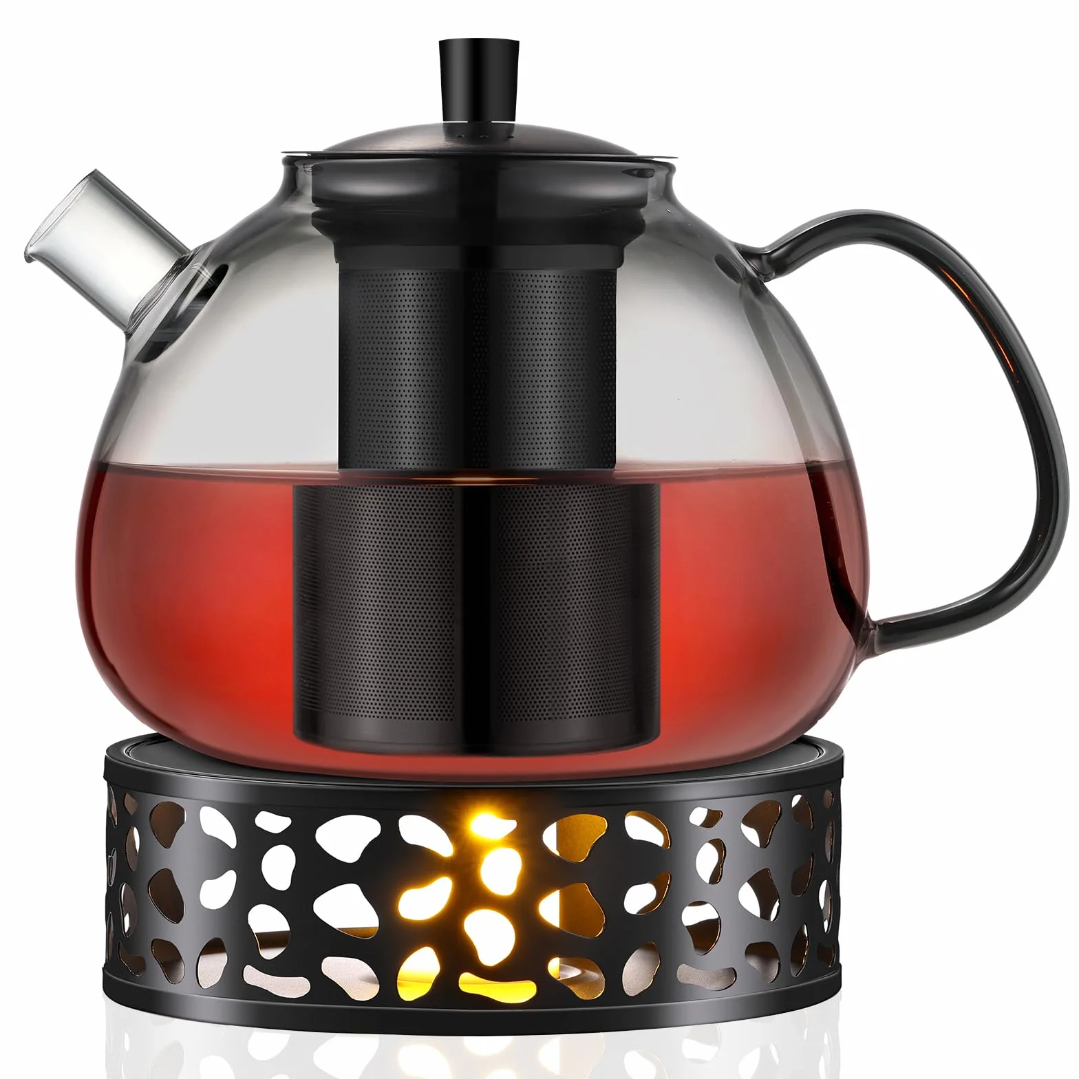 ecooe Tetera negra de 1500 ml de cristal de borosilicato con colador de acero inoxidable 18/8 extraíble resistente al calor para té negro, té verde, té de frutas, té perfumado