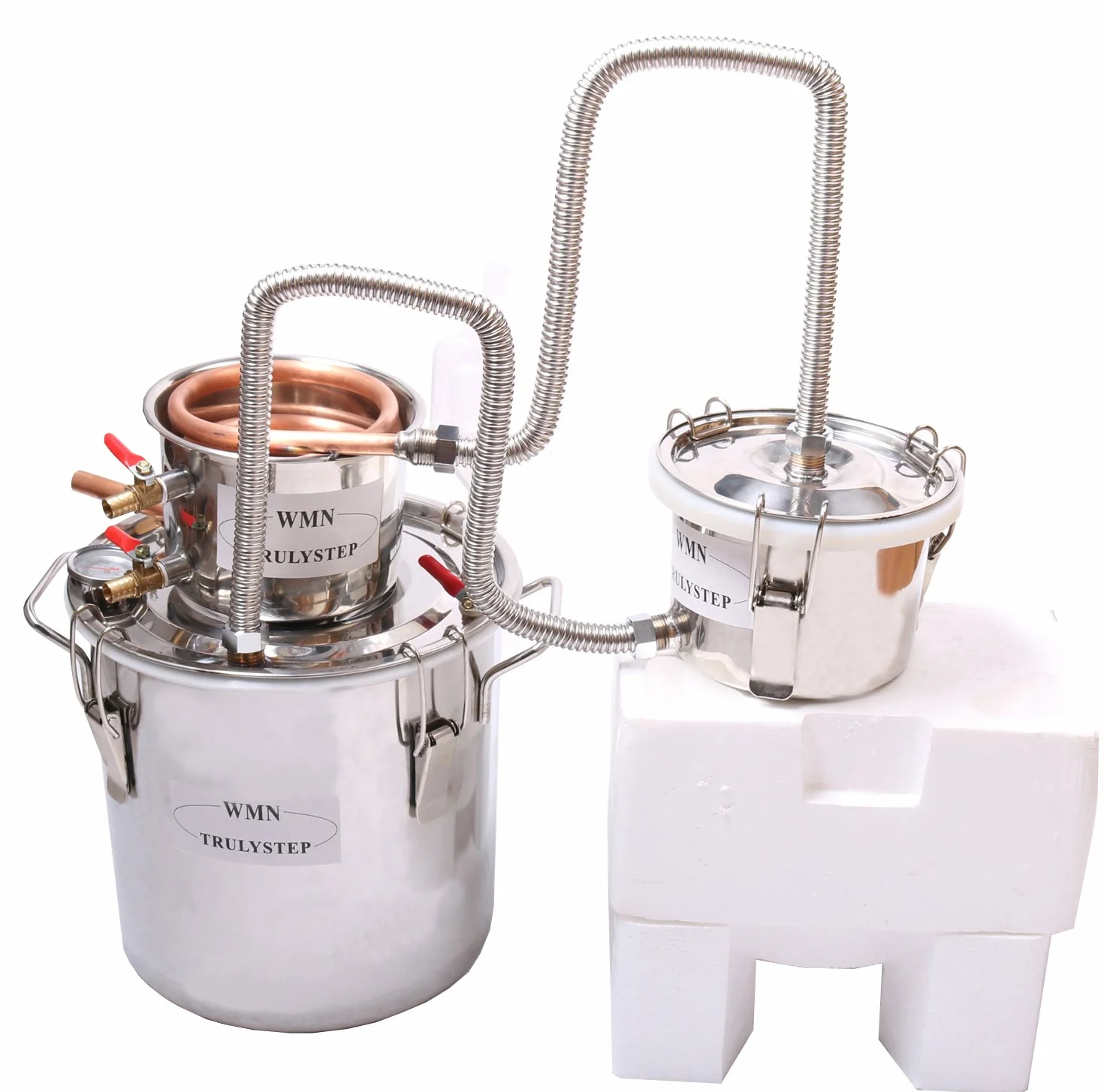 Fayelong Destilador de Aceites Esenciales 3 Ollas 20 Litros Alambique Destilador de Alcohol de Agua de Serpentin de Cobre, Kits de Elaboración de Vino Casero con Barril Thumper para Brandy, Whisky