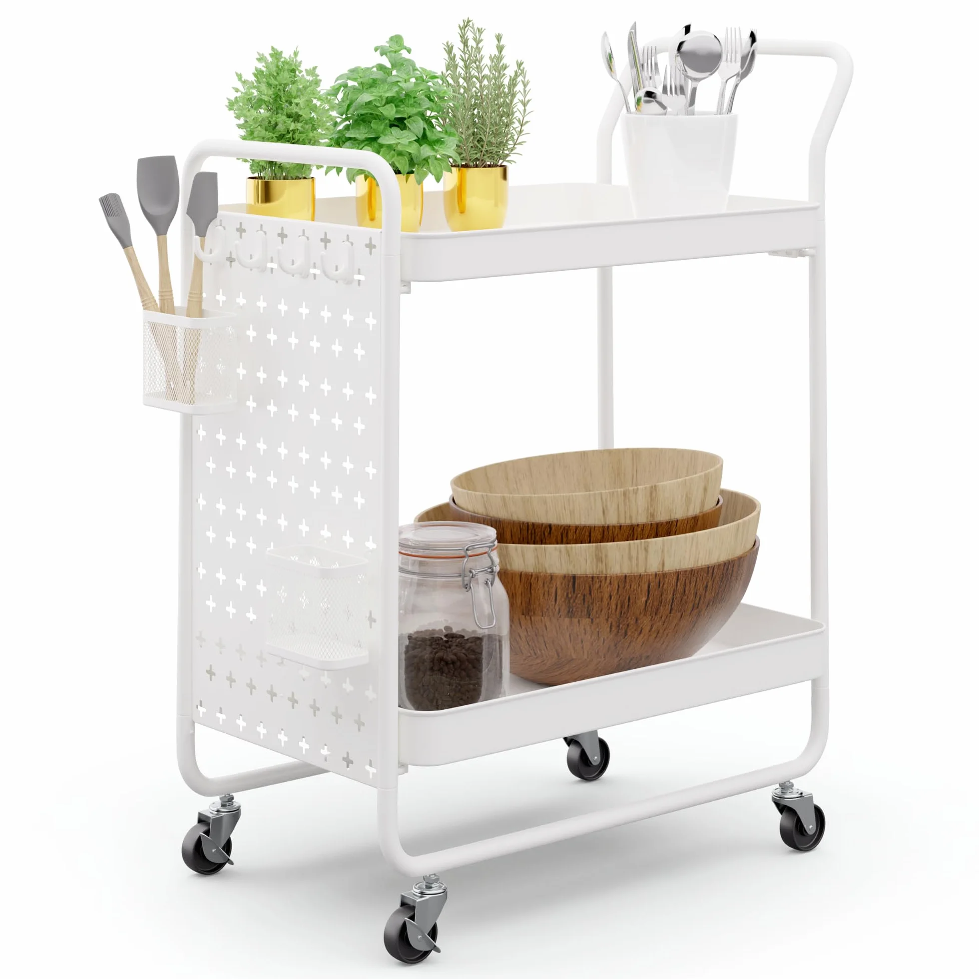 KLARSTEIN Carrito Auxiliar con Ruedas, 2 estantes de Metal, Capacidad 15kg, cestas & Ganchos, Carro Cocina móvil para baño & salón, Carrito Organizador Blanco