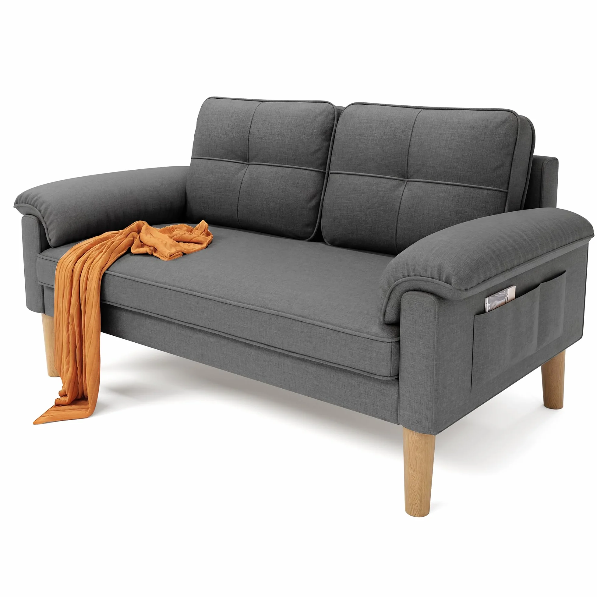 Xbro Sofá 2 Plazas con Reposabrazos y Bolsillo Lateral, Sofá Compacto de Tela para Salón, Apartamento u Oficina, Montaje Fácil, 145 x 77 x 77 cm,Gris Oscuro