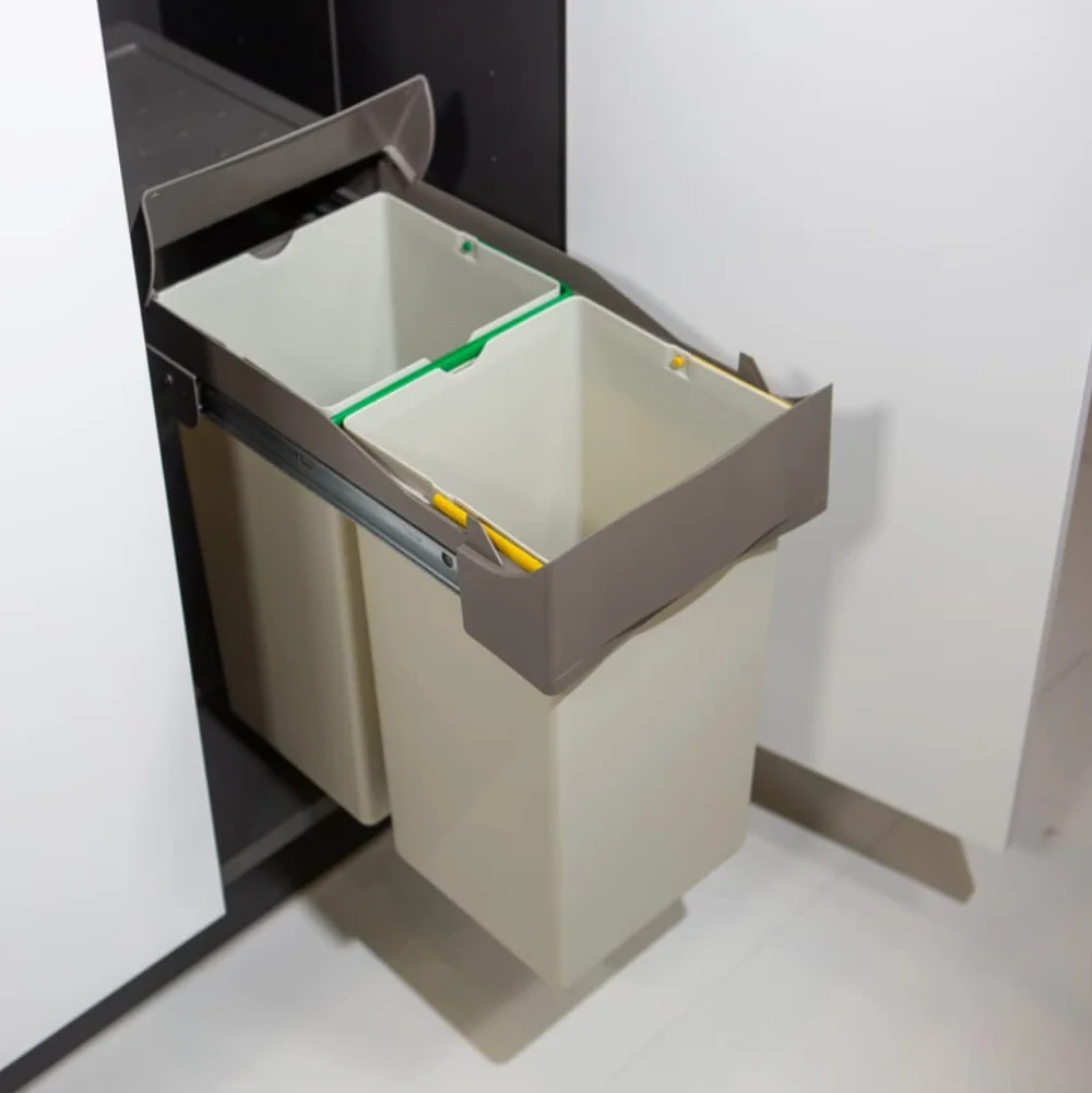 AZERODESIGN-Cubo Basura-Cubo de Basura Cocina-Cubos de Basura de Reciclaje-2 Compartimentos de 7L- Módulo 30 cm-40x45x25,5 cm-Sistema Guías Extraíbles de Acero-Fijación Inferior-Material Plástico PVC