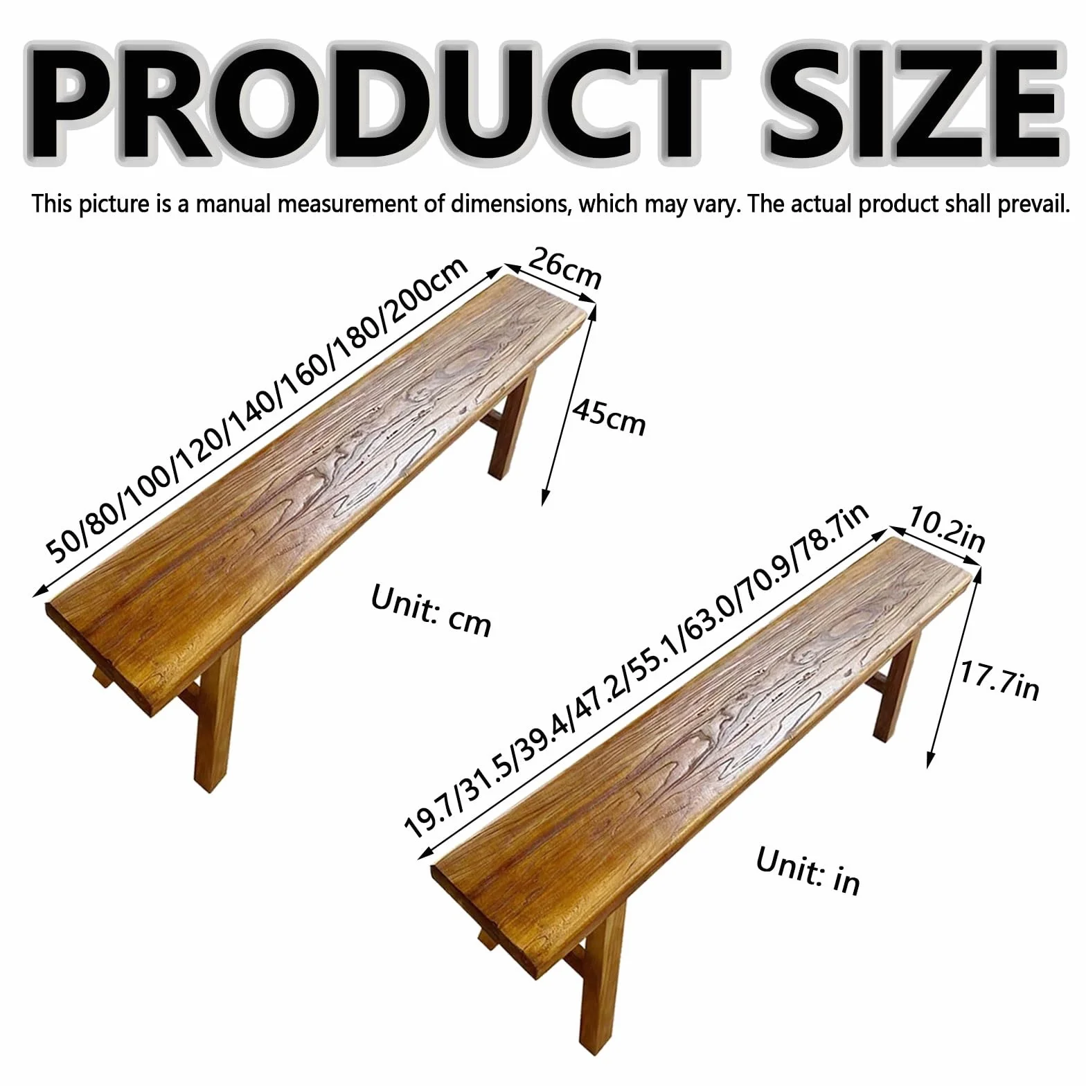 Banco de comedor de madera para interiores, banco delgado de entrada de madera rústica para extremo de la cama (50 cm)