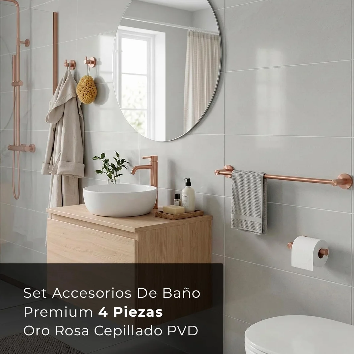 Set de 4 Accesorios de Baño Acero Inoxidable Piezas Premium - Toallero 40 Cm, Portarrollos y 2 Perchas - Color Oro Rosa Cepillado con Acabado PVD y Doble Fijación - The Bath Point