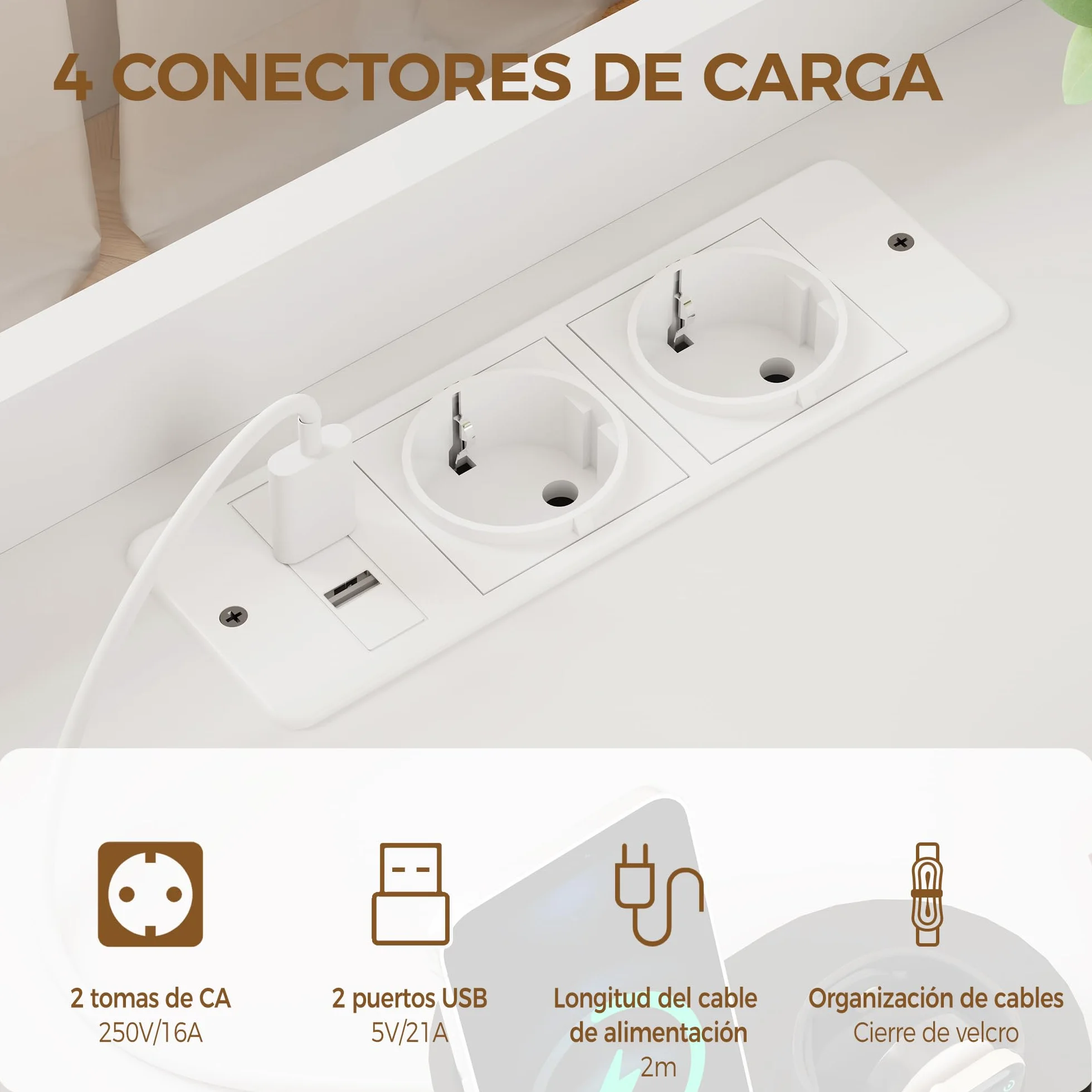 BEWISHOME Juego de 2 Mesitas de Noche,con Compartimento Oculto,con Luces LED y Estación de Carga Mesas Auxiliares(2 Tomas AC 2 Puertos USB),para Salón,Dormitorio (Blanco) EFCG02W