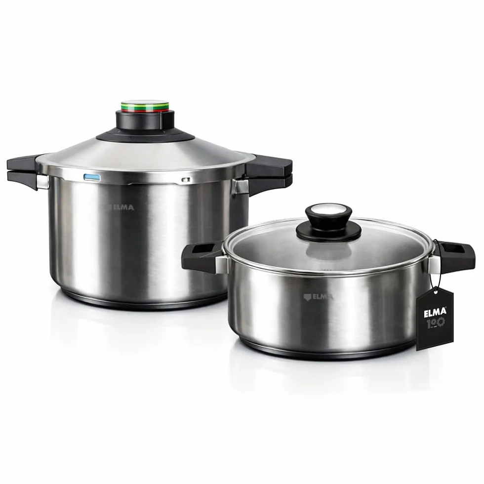 ELMA Set de 2 Ollas a Presión Prêst 4+6 L | Acero Inoxidable 18/10, Fondo Encapsulado Apto Inducción, 2 Modos de Cocción, Triple Sistema de Seguridad, Tapa de Cristal Incluida