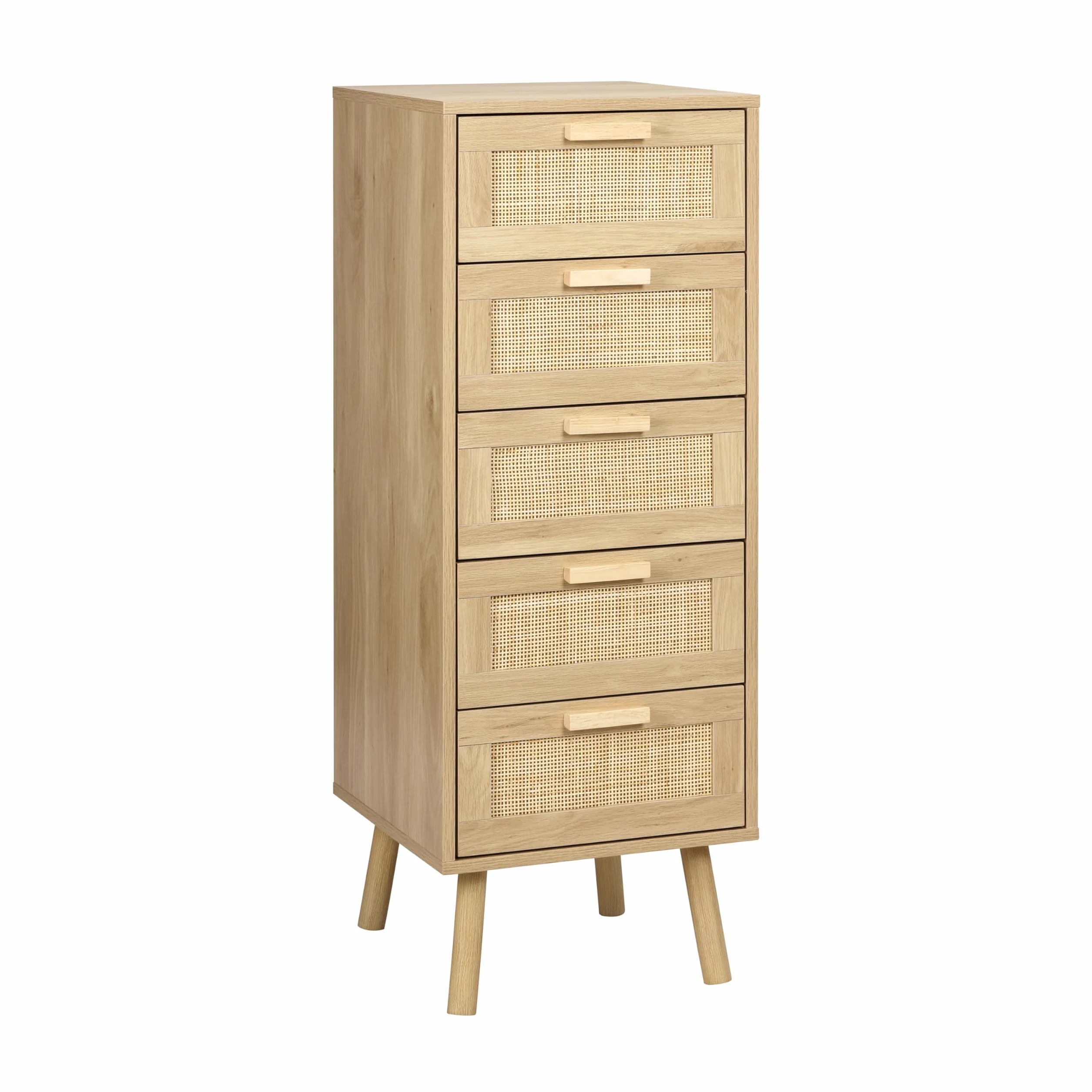 Finnhomy Cómoda de ratán para dormitorio, cajones altos con 5 cajones decorados de ratán hechos a mano para dormitorio, mesita de noche pequeña con patas de madera, color natural, F23RCOD2005U