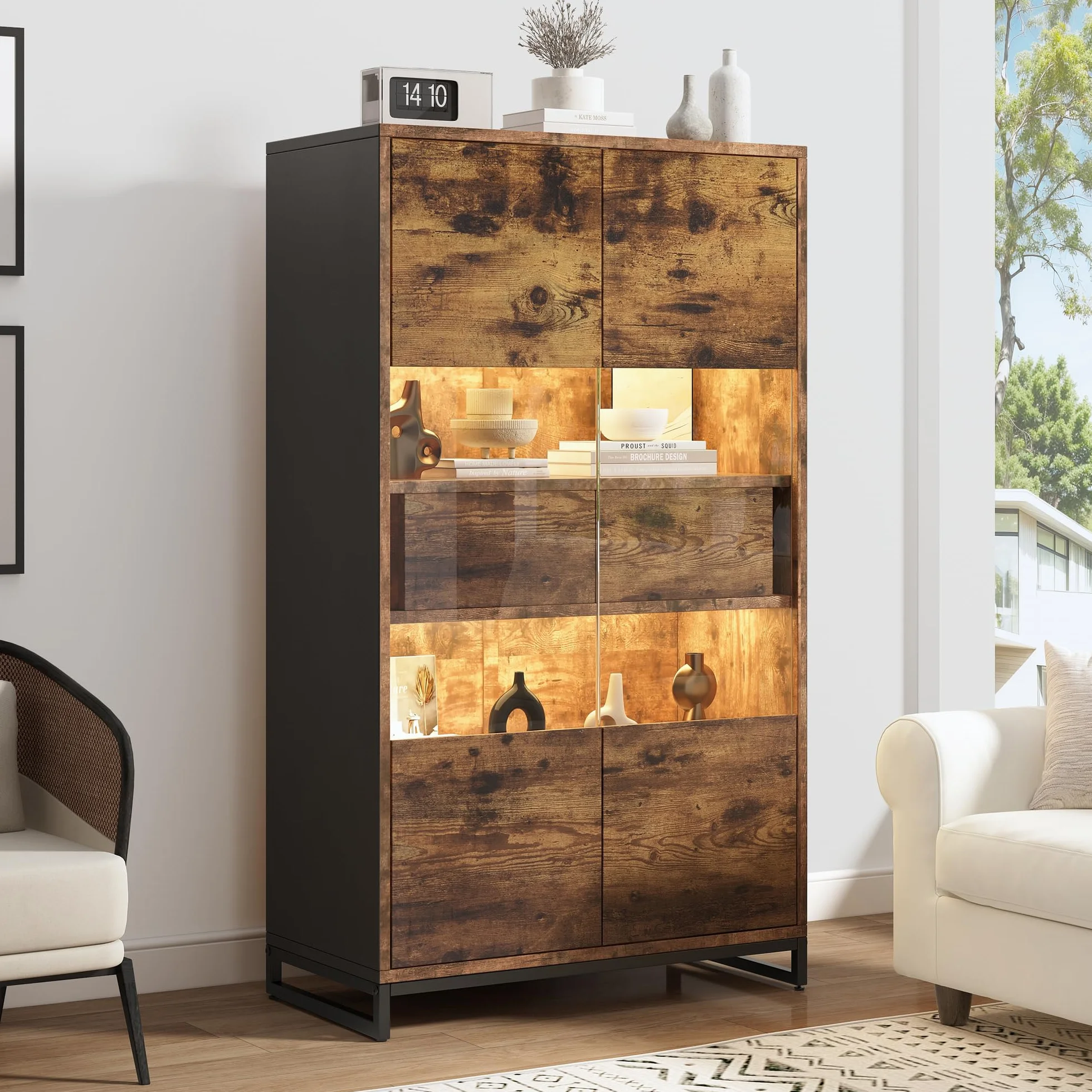 Merax Vitrina transparente con iluminación LED, estantería para libros con 2 puertas y 2 cajones, vitrina coleccionable, vitrina de pie, armarios de vino para salón, comedor, oficina, marrón vintage