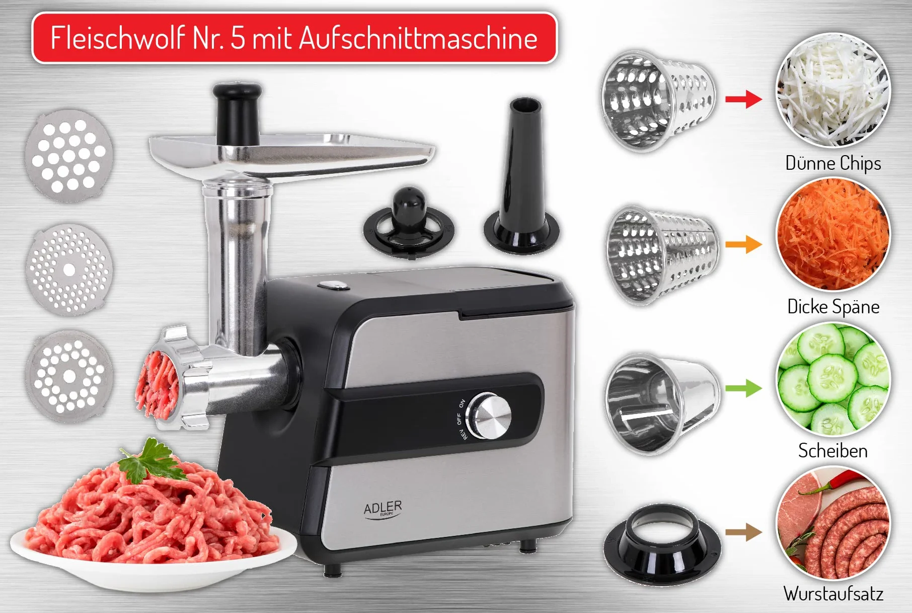 Adler AD 4813 - Picadora de carne nº 5 con rebanadora, 2000 W, máquina picadora de carne picada con carcasa de acero inoxidable, para carne y verduras
