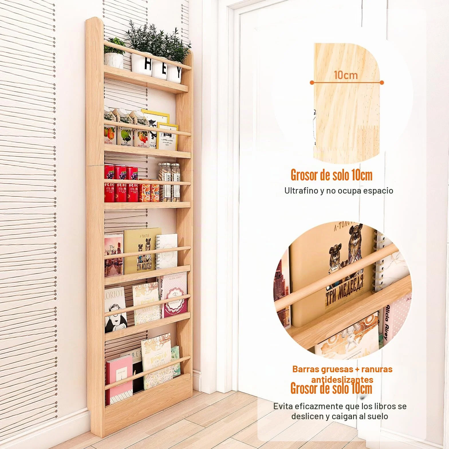 MYOYAY Estantería para niños detrás de la puerta, soporte de pared, organizador de 6 niveles para juguetes y libros, ahorra espacio, estantería estrecha de madera maciza