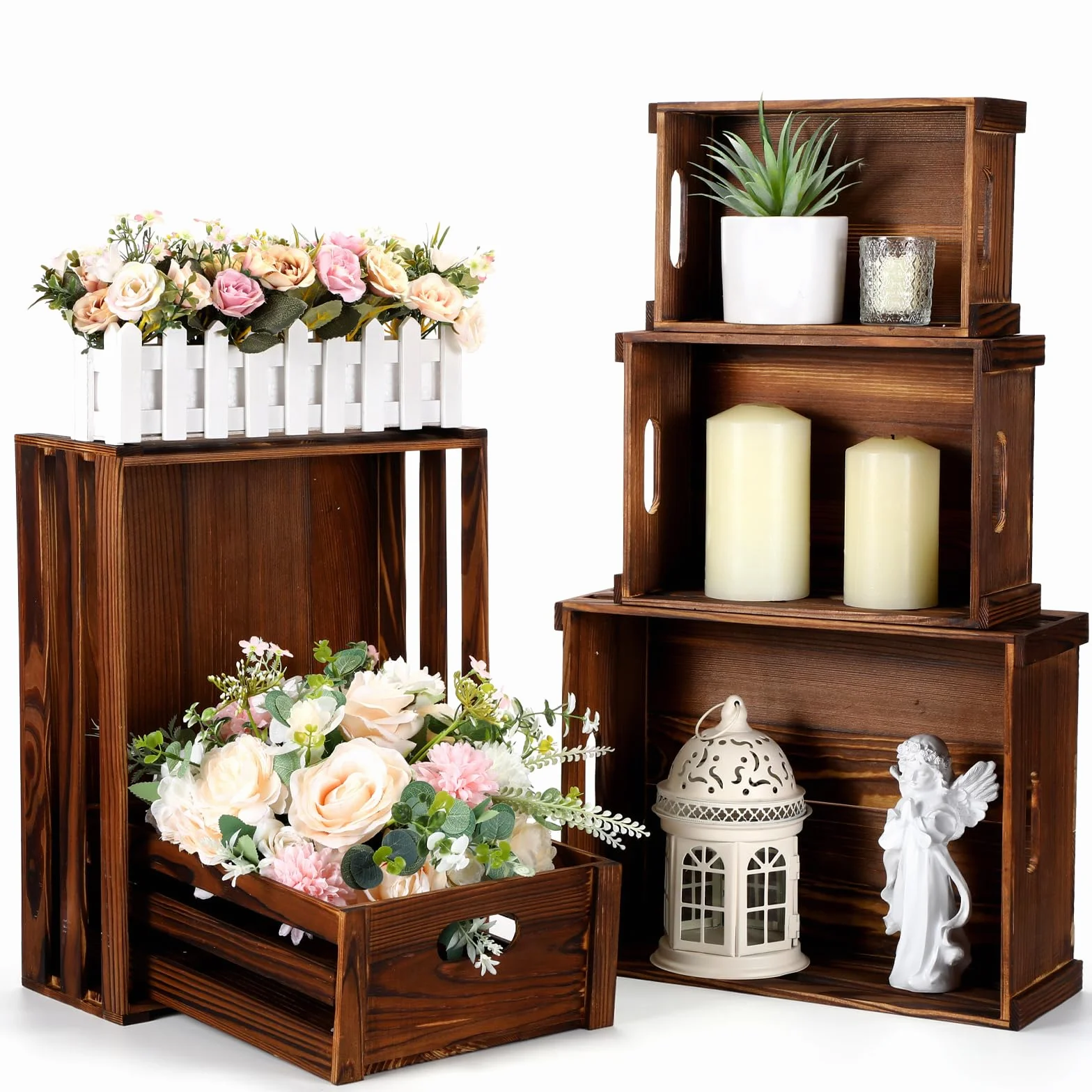 CroBlissful Paquete de 5 cajas decorativas de madera para exhibición, 5 tamaños, cajas de madera rústicas, cajas de almacenamiento vintage con asas, cestas decorativas hechas a mano para granja