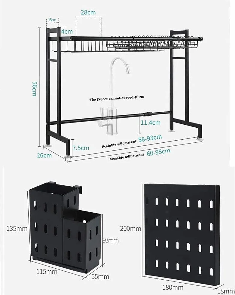 Escurridor de Platos para Cocina, Escurridor de Platos, Escurridor de Platos de Acero Inoxidable Ajustable de una Sola Capa con Soporte para Utensilios Y Palillos, Cesta de Almacenamiento con Ganchos