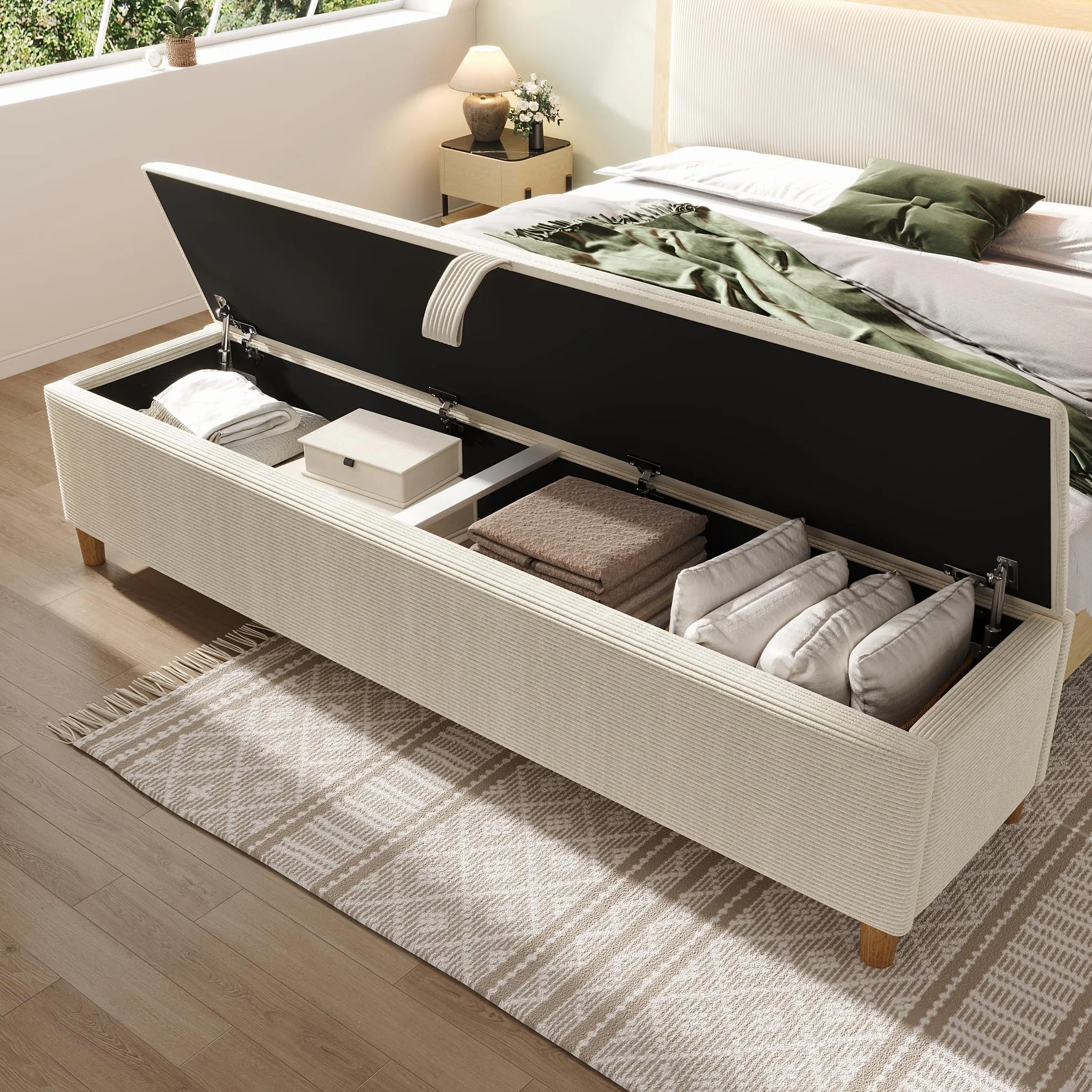 TIZZ Banco de cama de 175 x 38 cm, banco acolchado con almacenamiento hidráulico, caja de almacenamiento, adecuado para dormitorio, salón y pasillo, aspecto de pana beige