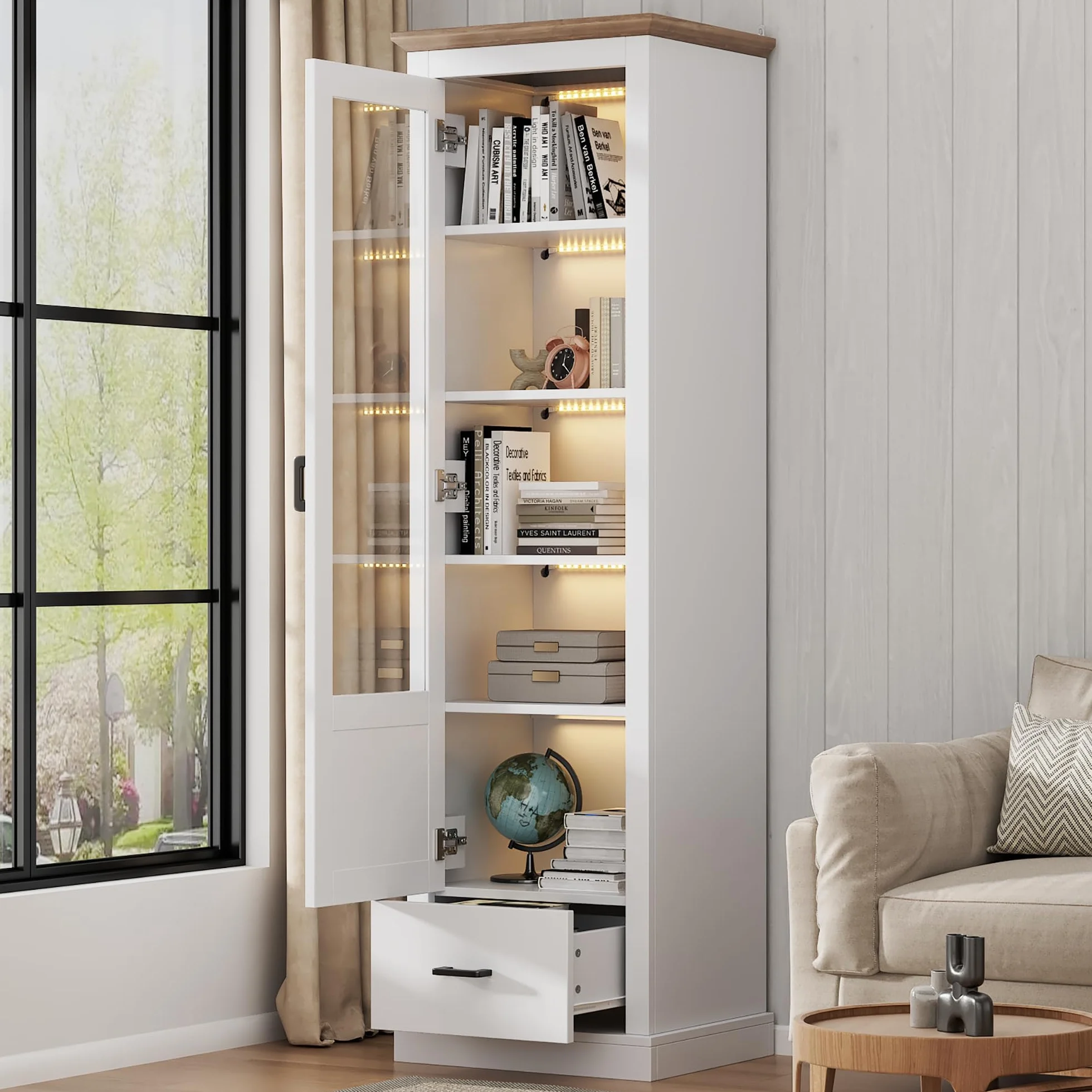 Moderna vitrina LED blanca mate, 178 cm, con puerto USB, mando a distancia en 16 colores, vitrina con decoración de madera, armario alto con cajón (1 cajón)