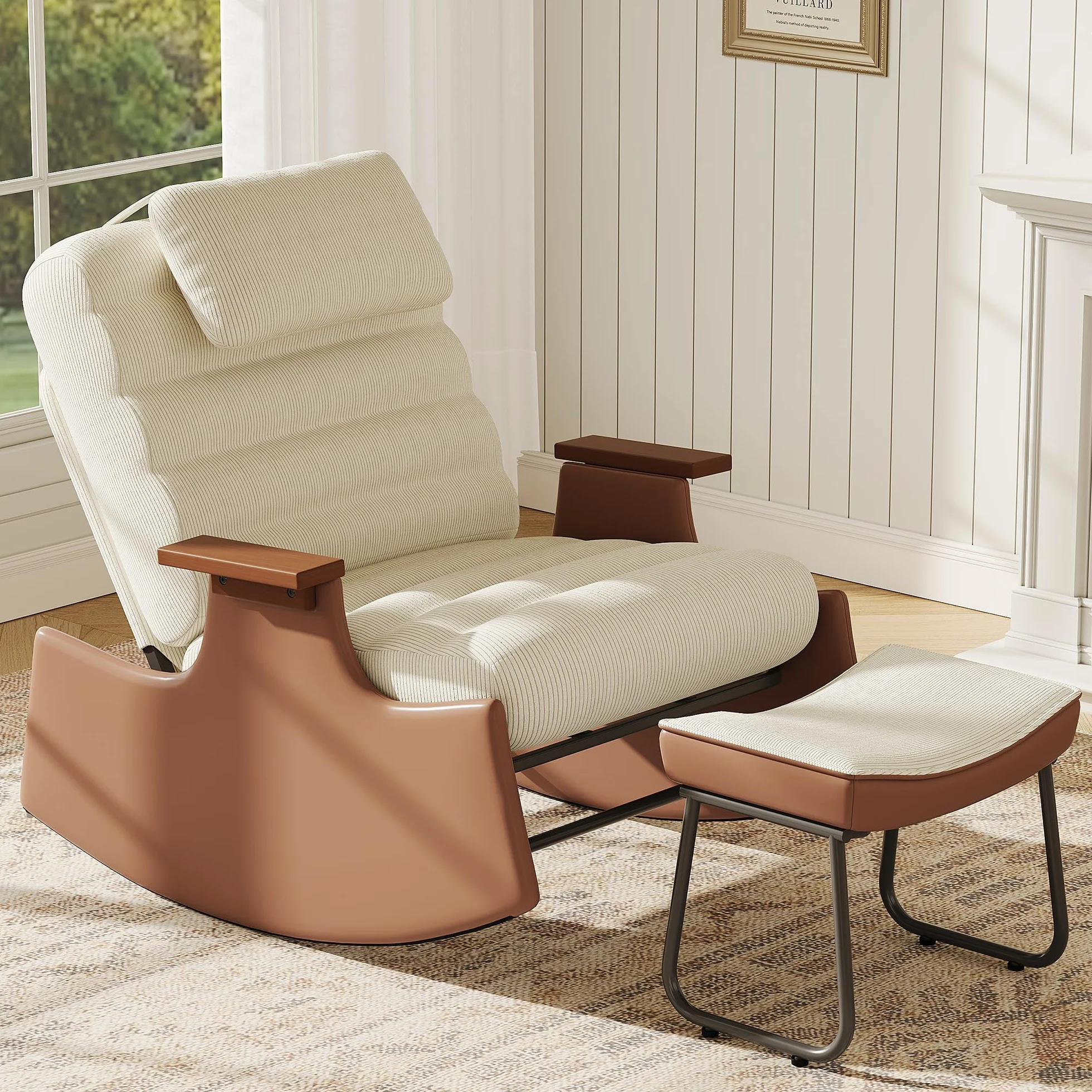 Mecedora con función reclinable y reposapiés, sillón Moderno de Relax con Respaldo Ajustable en 3 Niveles, sillón Mecedora Acolchado con reposacabezas y reposabrazos
