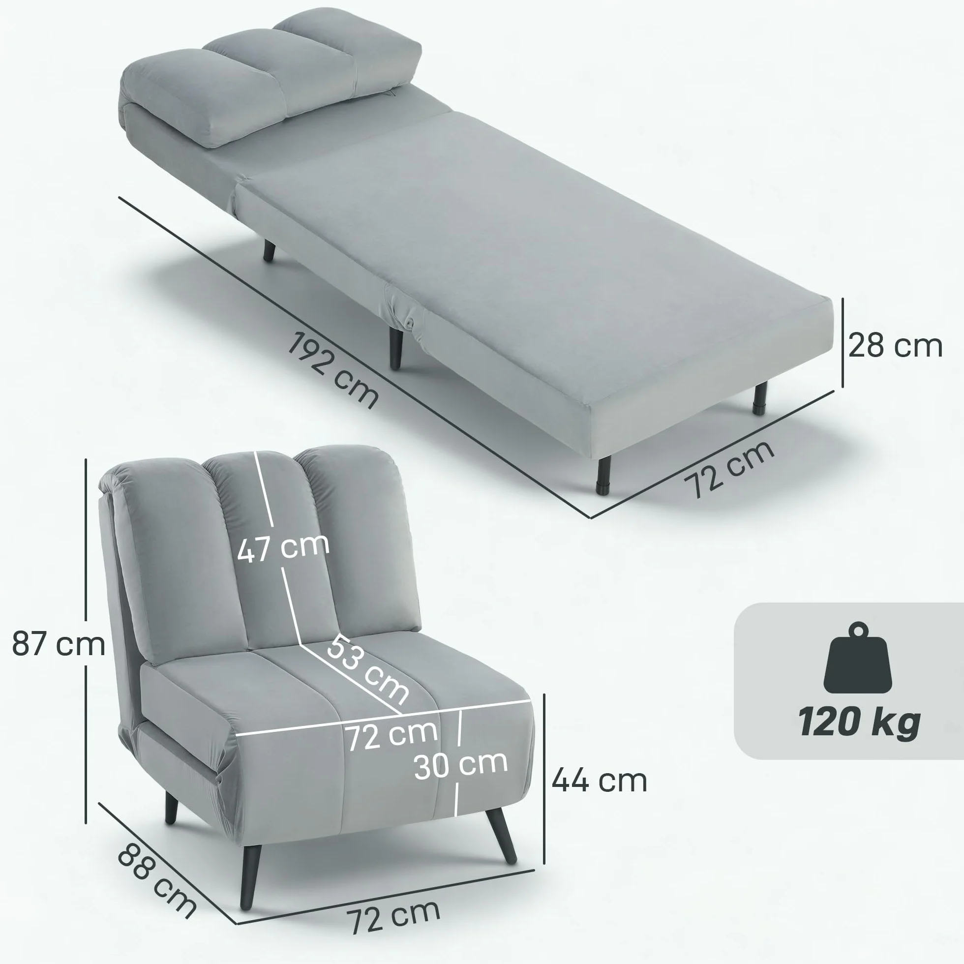 HOMCOM Sofá Cama de 1 Plaza 3 en 1, Sofá Cama Plegable Tapizado en Terciopelo con Respaldo Ajustable en 3 Niveles, Cojín Grueso para Dormitorio, Salón, Oficina, Fácil Montaje, 72x88x87 cm, Gris