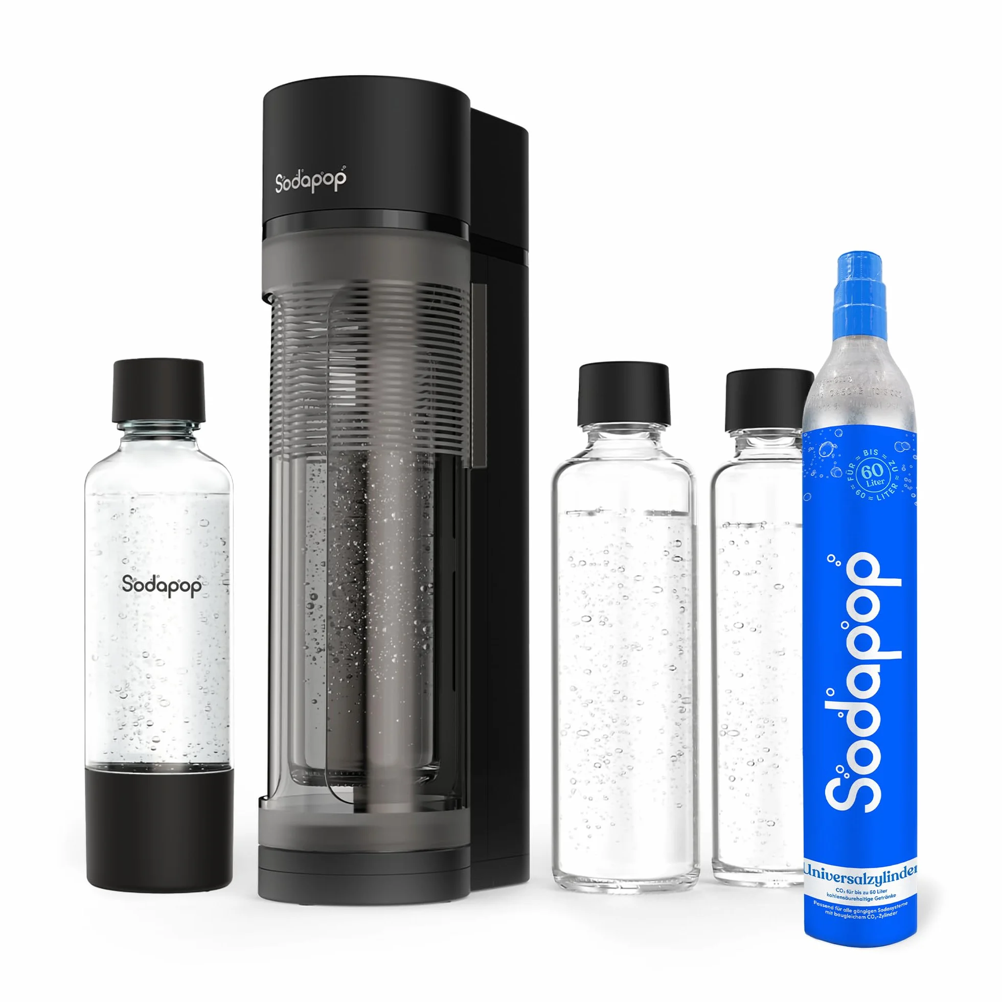 Sodapop Kit de iniciación con pulverizador de agua Logan con cilindro de CO₂, incluye 2 botellas de cristal (850 y 600 ml) y 1 botella de PET (850 ml), color negro mate, altura 42,6 cm