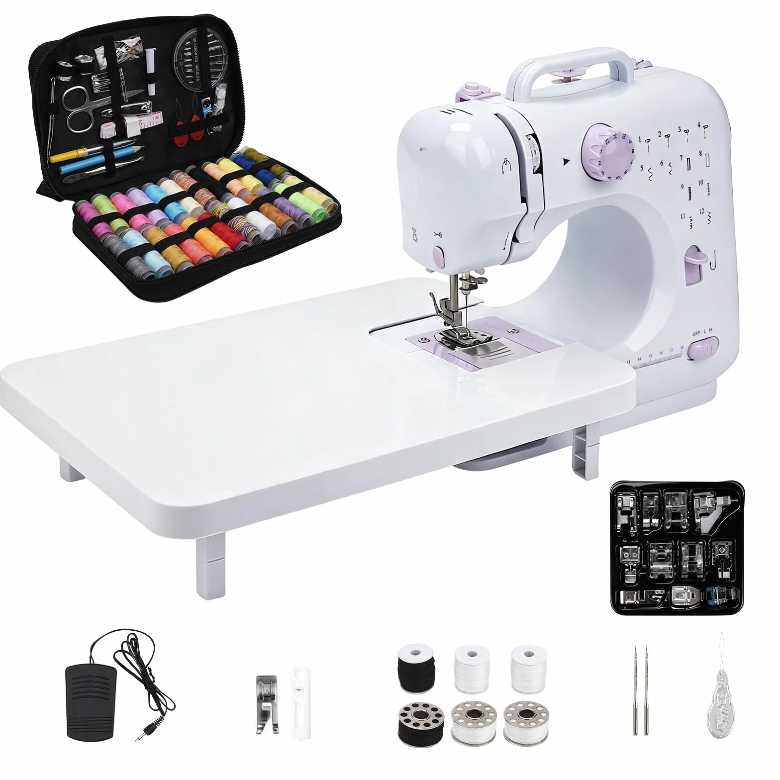 Máquina de coser eléctrica púrpura con mesa de extensión, juego de 11 prensatelas y kit de costura de 97 piezas, pedal de 2 velocidades, ideal para principiantes, adultos, niños, uso doméstico