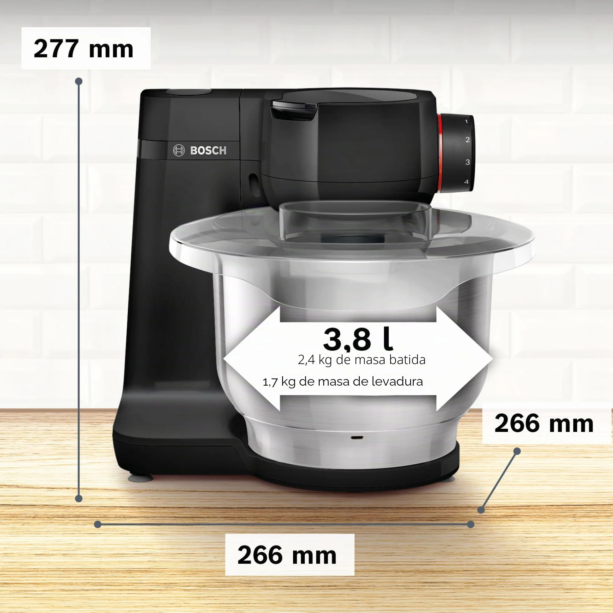 Bosch Robot de cocina MUM Serie 2 MUMS2EB01, cuenco de acero inoxidable de 3,8 L, agitador planetario, gancho para amasar, batidor, batidor de acero inoxidable, 3 discos, 700 W, negro