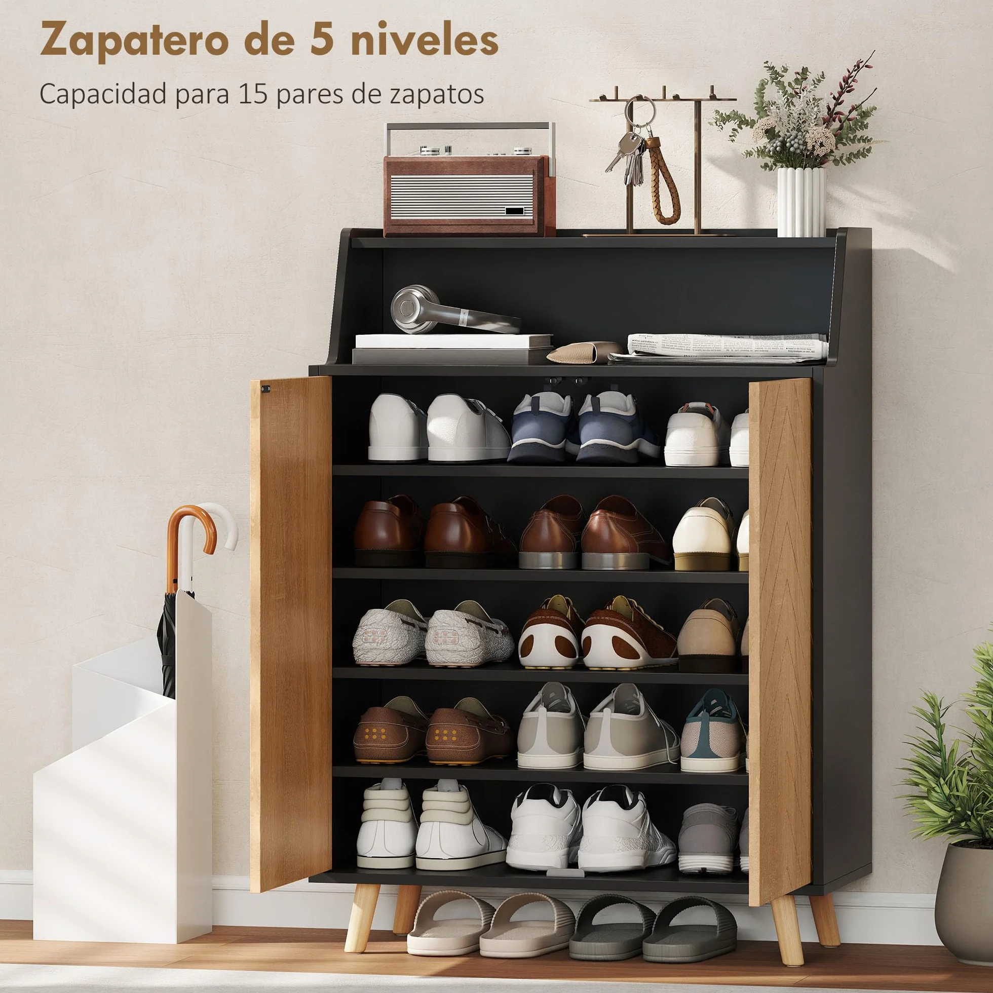 HOMCOM Zapatero de 2 Puertas en Espiga, Zapatero Entrada Recibidor con Estantes Ajustables, Compartimento Abierto y Patas de Madera, para 15 Pares de Zapatos, 75x35x104 cm, Negro y Natural