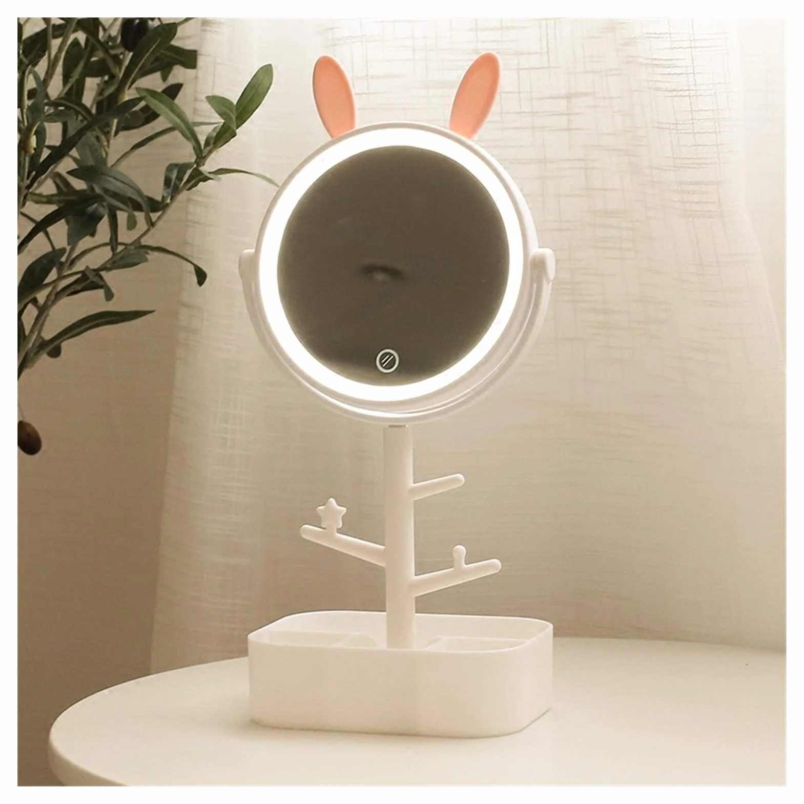 Espejo de maquillaje de escritorio, espejo giratorio con luz LED, espejo de aumento, espejo de maquillaje para mujer, luz de maquillaje con caja de almacenamiento, espejo de maquillaje