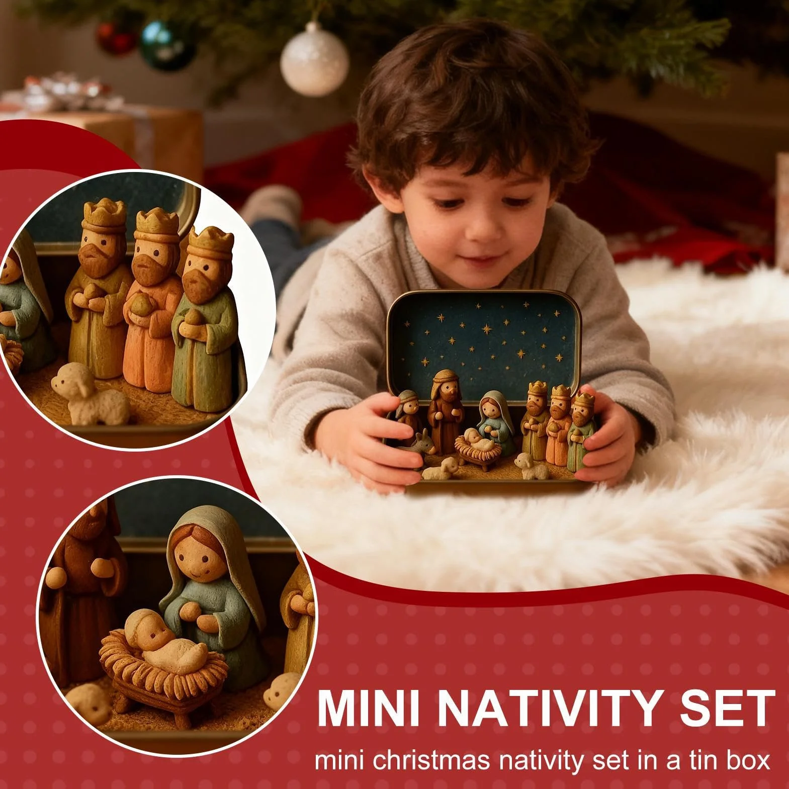 Mini Belén Navideño en Caja Metálica, Escena de Pesebre de Resina Decoración Navideña