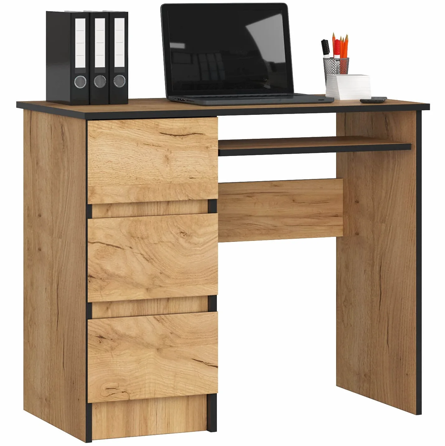 AKORD Escritorio A-6 Con Estante para Teclado y 3 Cajones | Oficina y Ahorro de Espacio | 90x77x50cm 30 kg | Roble Artisan