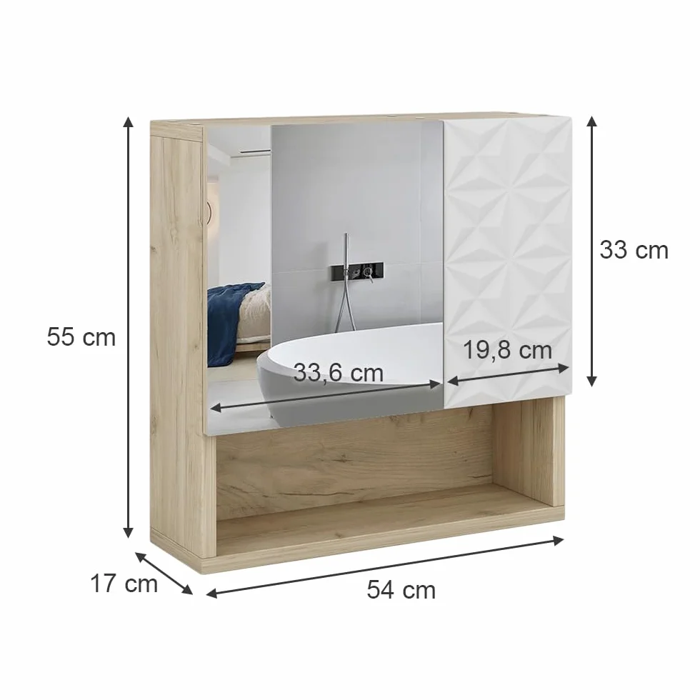 Vicco Armario con Espejo para baño Edge, Blanco, 54 x 55 cm con Puerta y Compartimentos Abiertos, para Almacenamiento en baño con Mecanismo Push-to-Open