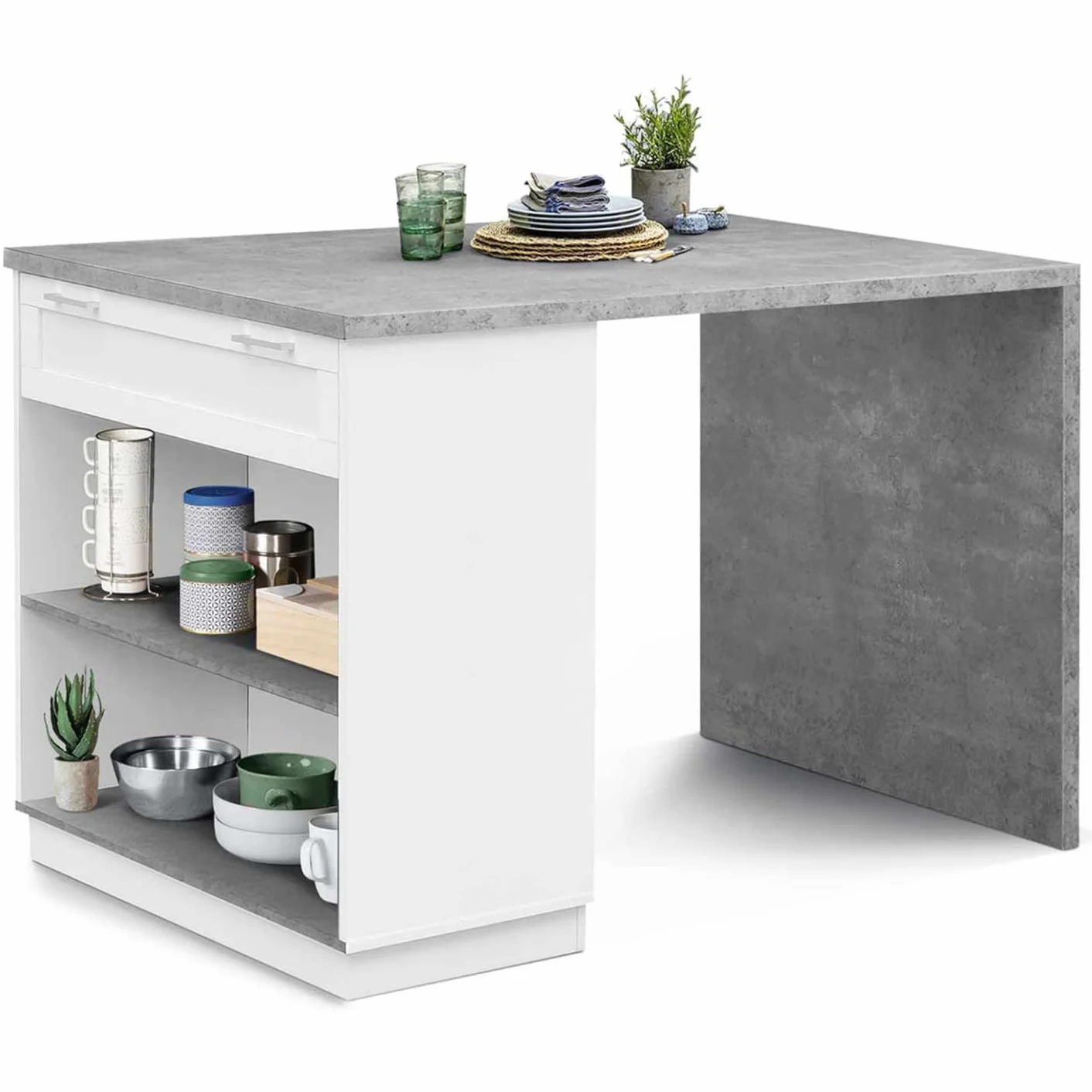 IDMarket - Isla central para 4 personas, Vito, 130 cm, blanco y superficie en aspecto de hormigón