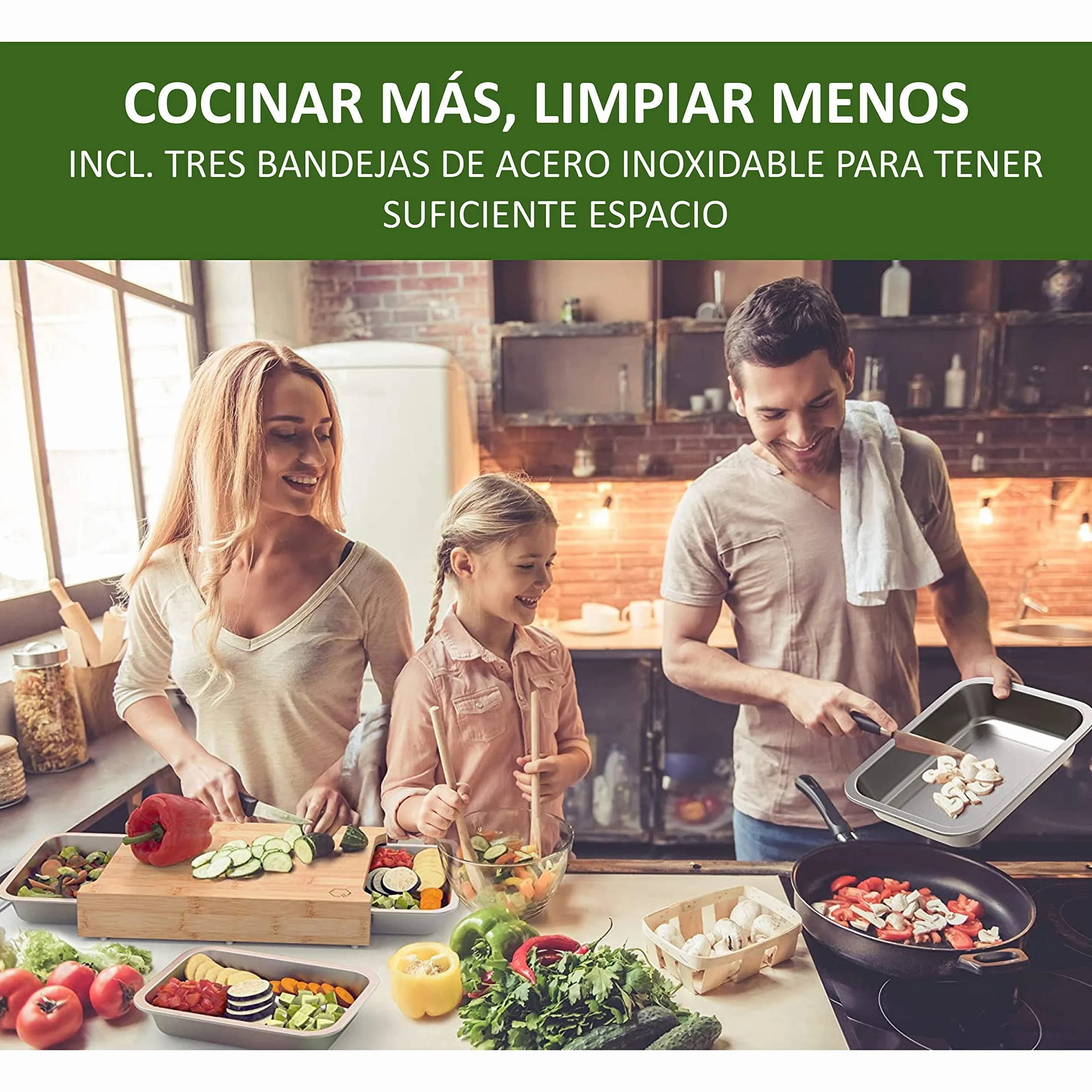 Premium Tabla de cortar con bandejas, bambú con 3 placas de cocción de acero inoxidable, apto para lavavajillas,Tabla de cortar de cocina multifuncional.