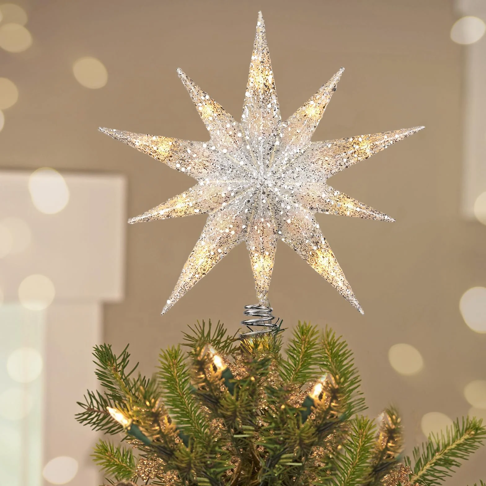 Luxspire Estrella para Copa del Árbol de Navidad, 25CM Topper Iluminado con Cable USB y Mando a Distancia, Adorno de Metal LED para Árbol, Decoración Vintage Moderna para Hogar y Fiesta, Plata